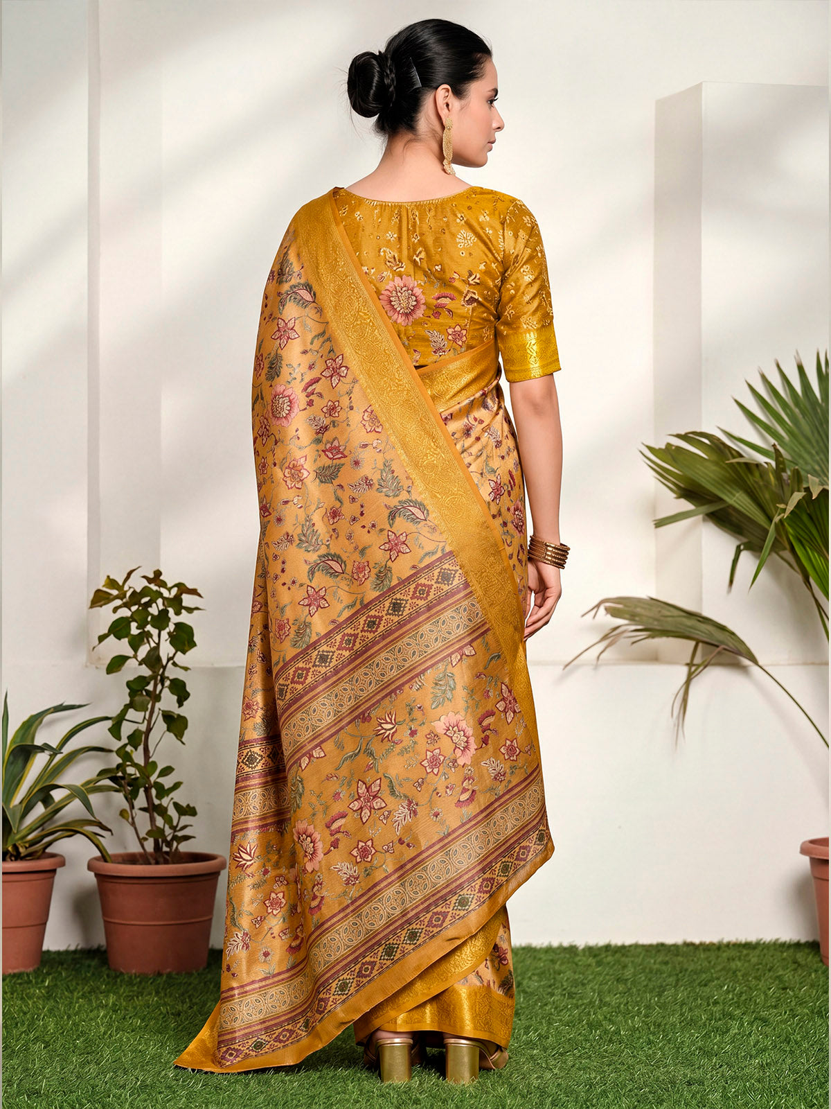 Varnika - Golden Digital Printed Moss Georgette Saree with Woven Border