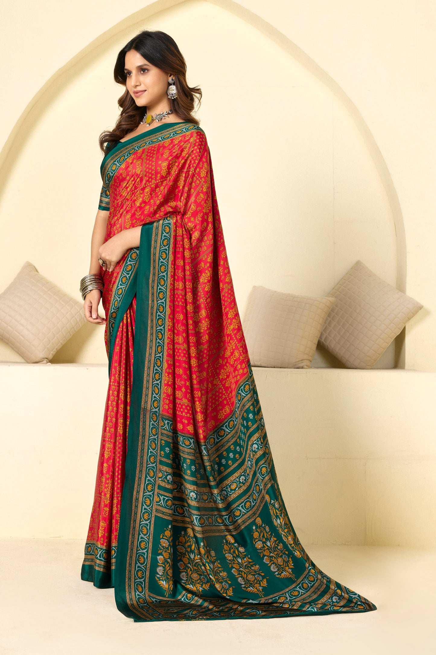 Rajkala - Red Floral Printed Crepe Silk Saree