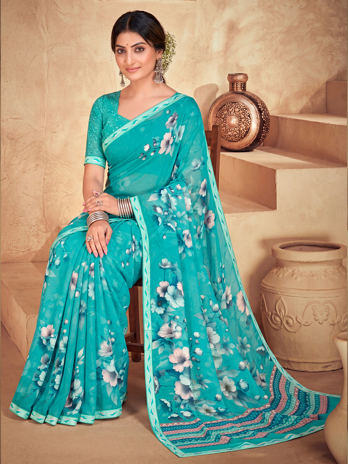 Sumedha - Teal Digital Printed Georgette Saree