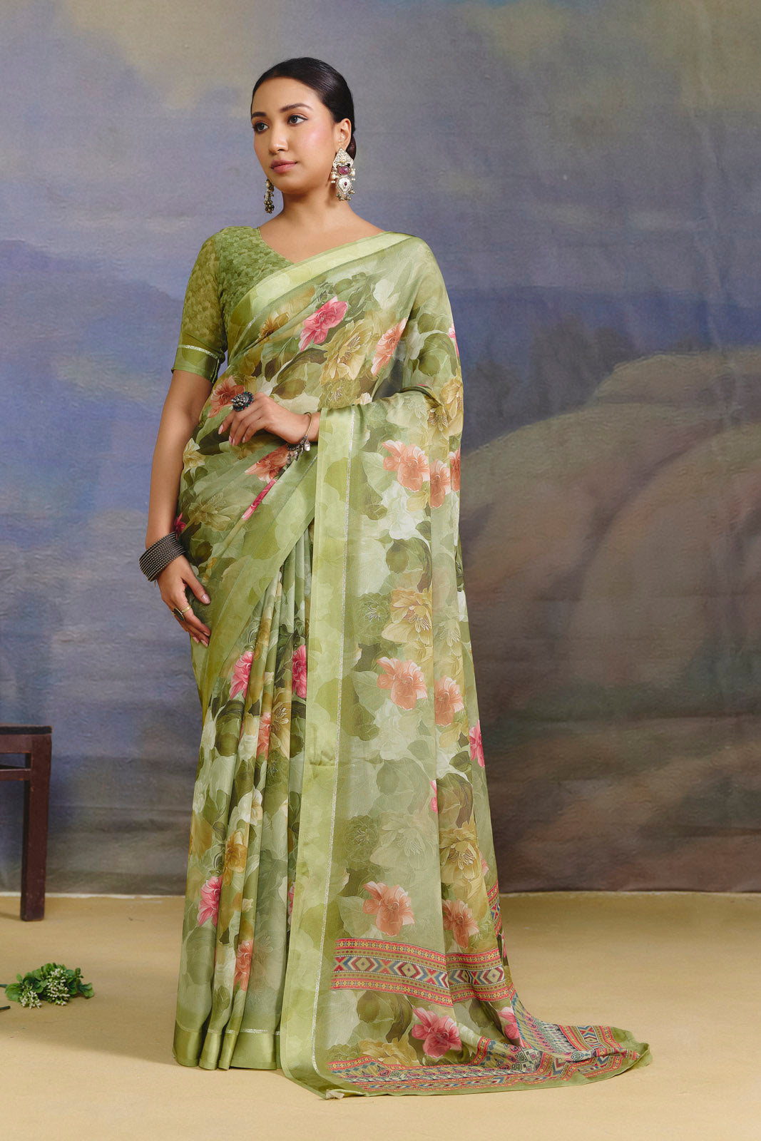 Samriddhi - Green Moss Georgette Digital Print Saree with Satin Patta Border