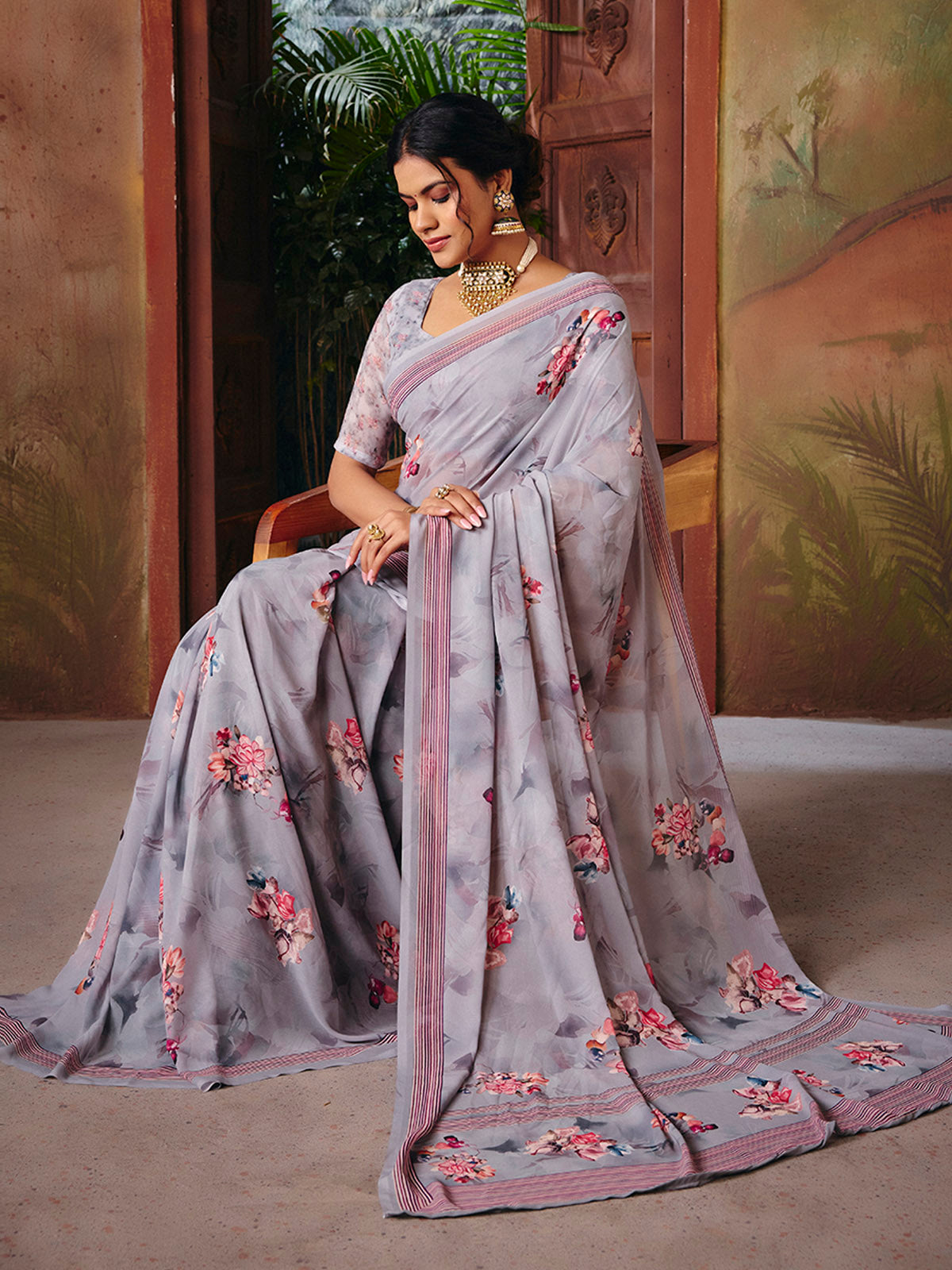 Riddhi - Slate Grey Georgette Floral Digital Printed Saree