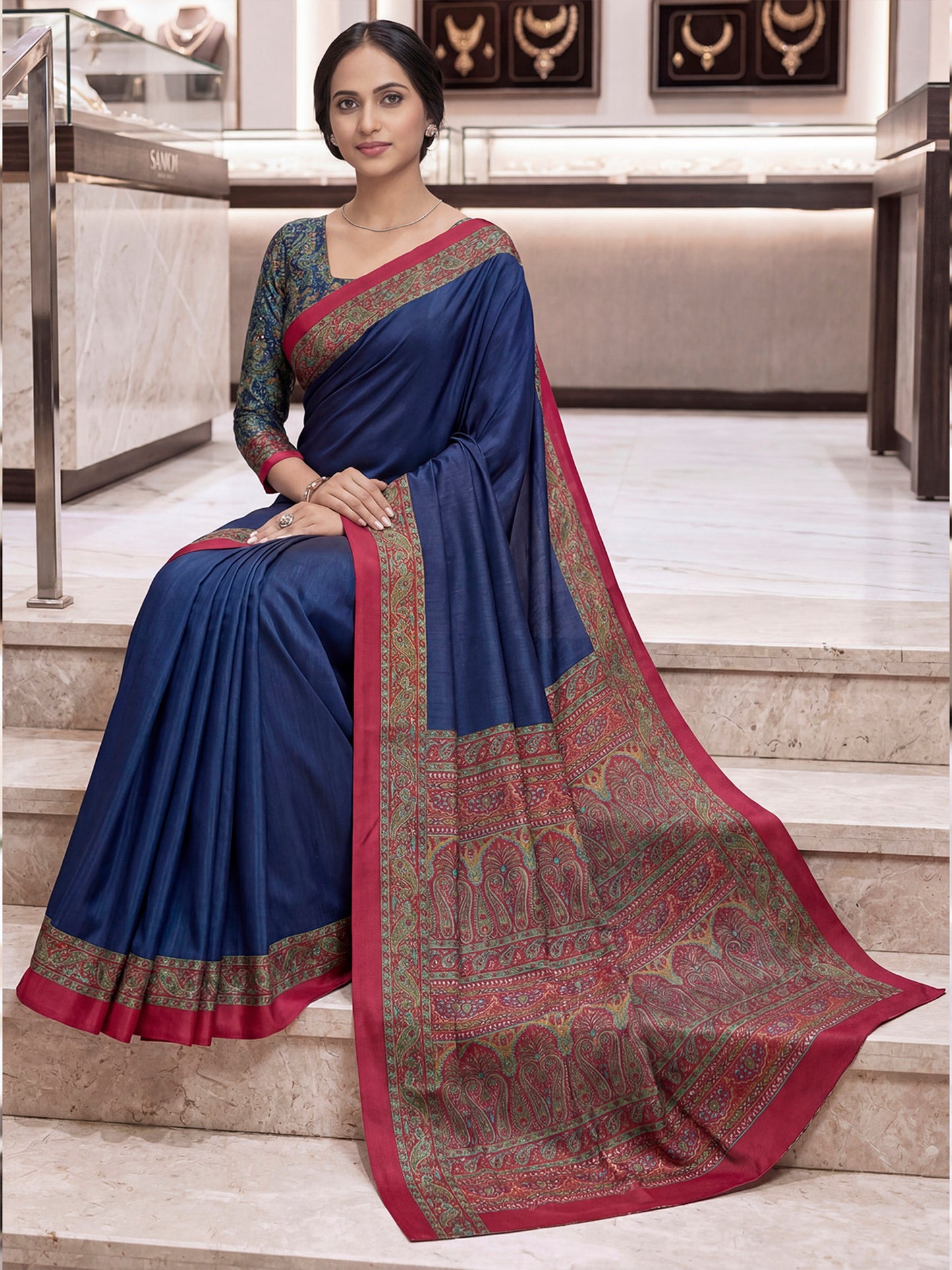 Chitrika - Navy Blue Printed Crepe Silk Saree