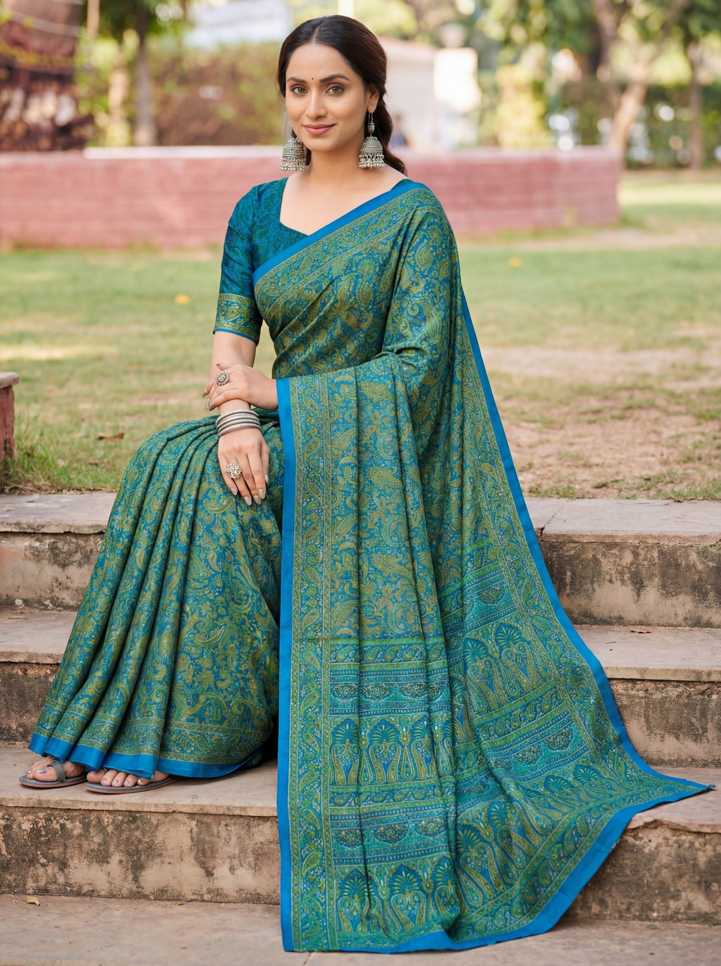 Rajkala - Teal Printed Crepe Silk Saree