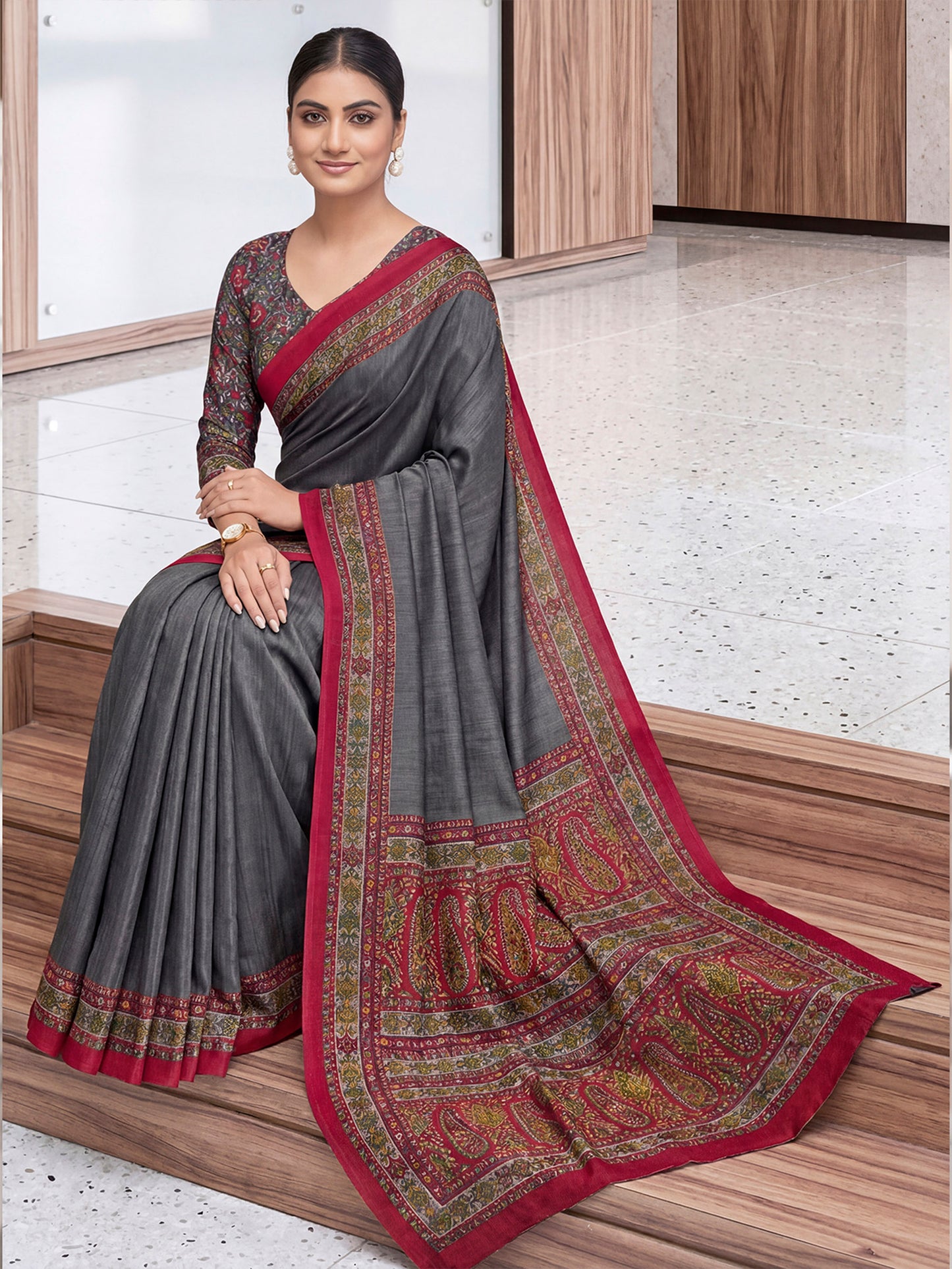 Chitrika - Grey Printed Crepe Silk Saree