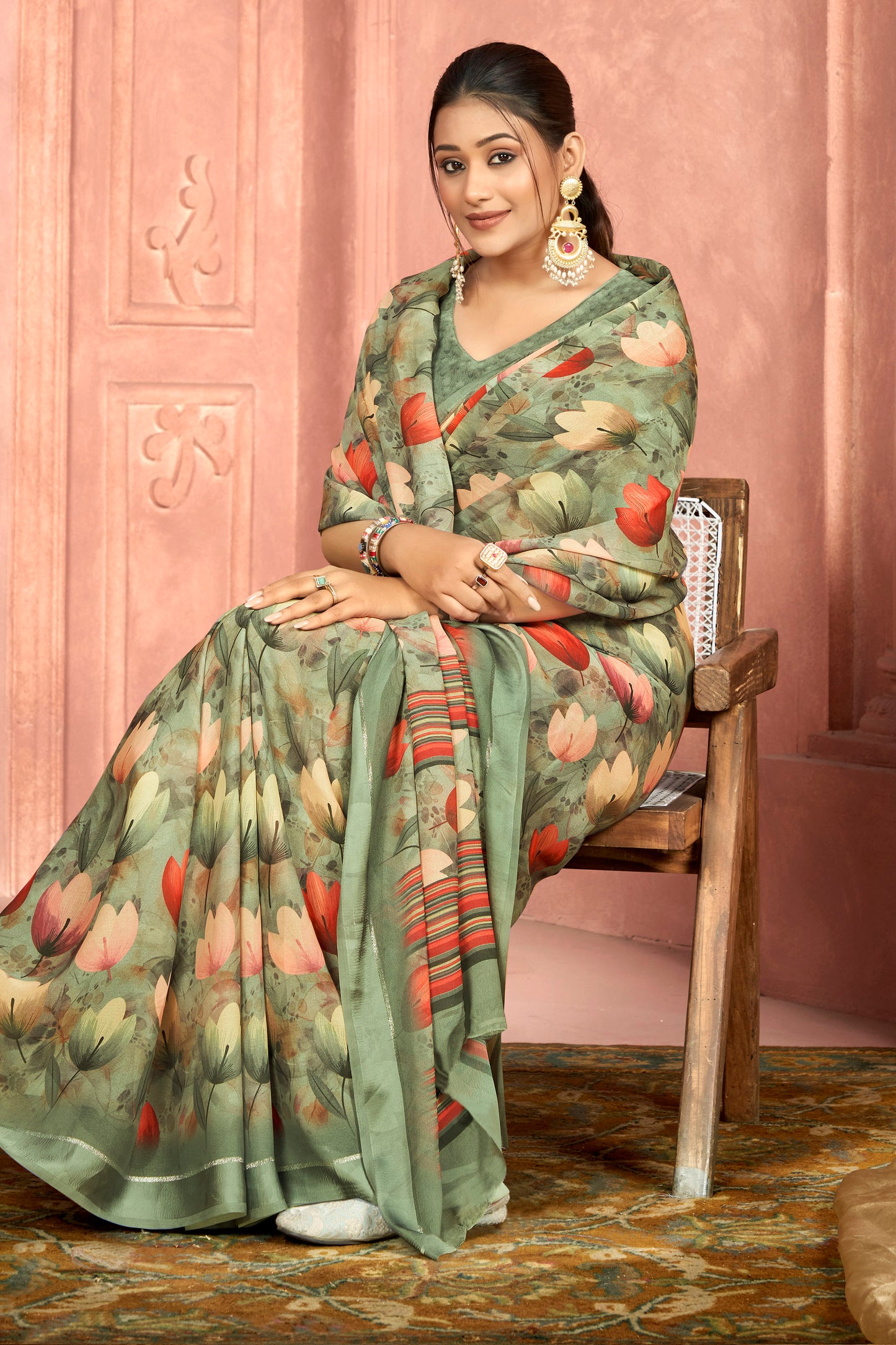 Samriddhi – Sea Green Moss Georgette Digital Print Saree with Satin Patta Border