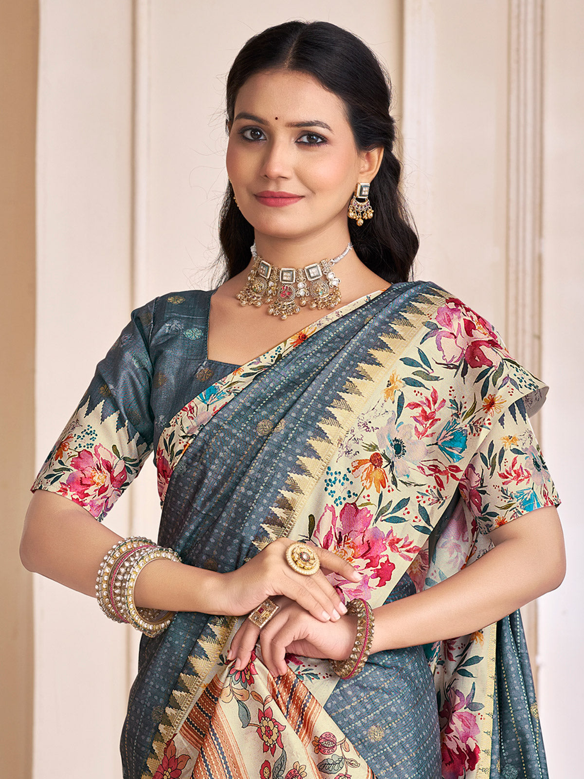 Rutvaa - Grey Digital Printed Silk Saree