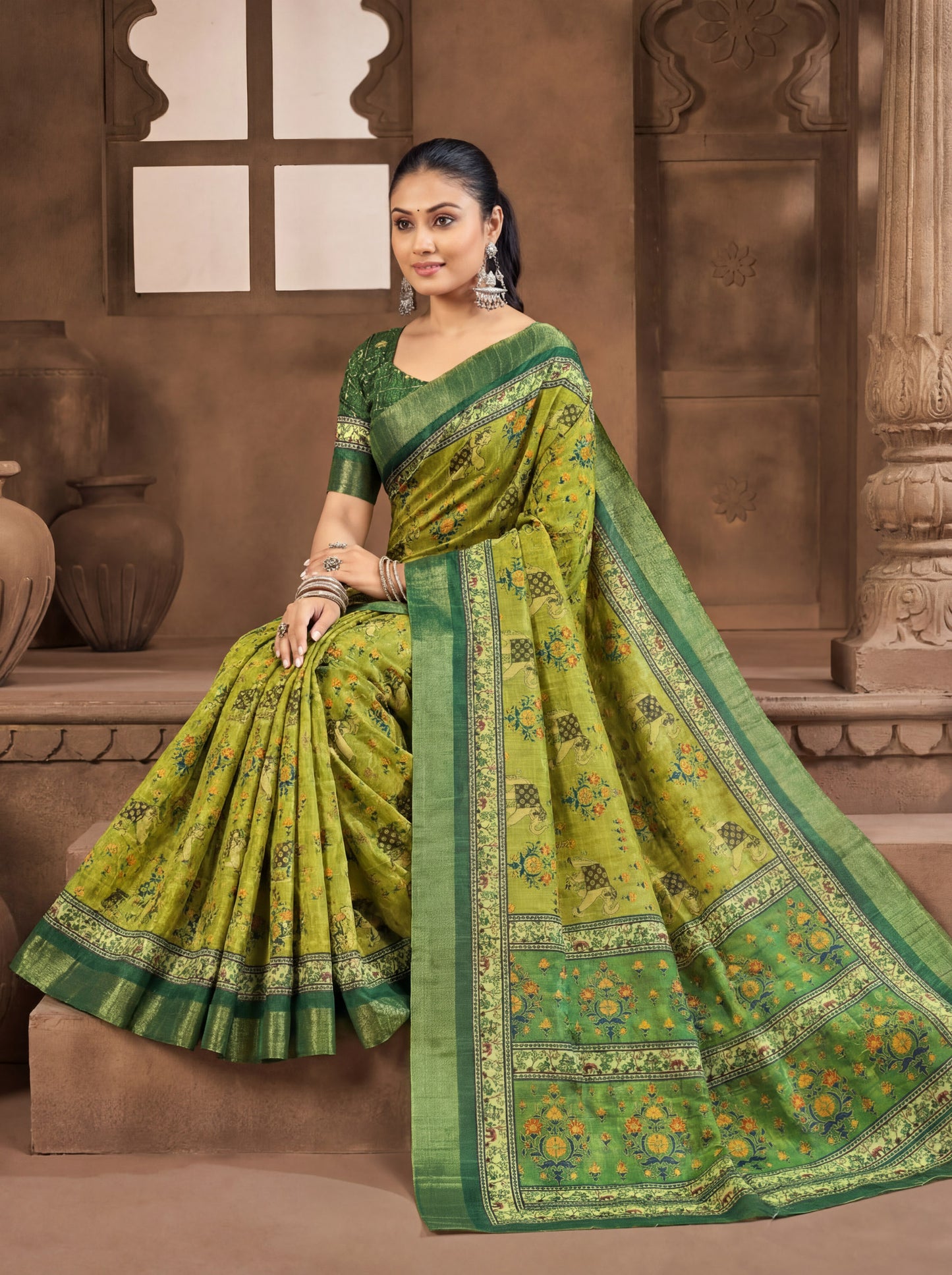 Devsena – Lime Green Silk Digital Print Saree