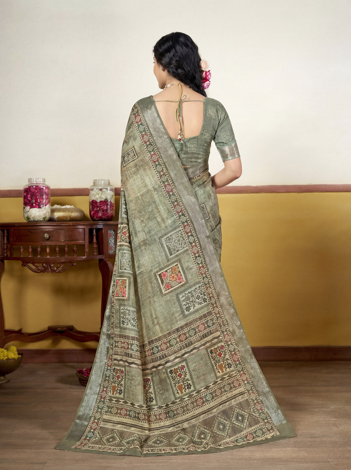 Rachna - Sea Green Linen Digital Print Saree with Woven Border