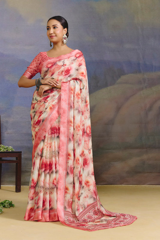 Samriddhi - Pink Moss Georgette Digital Print Saree with Satin Patta Border
