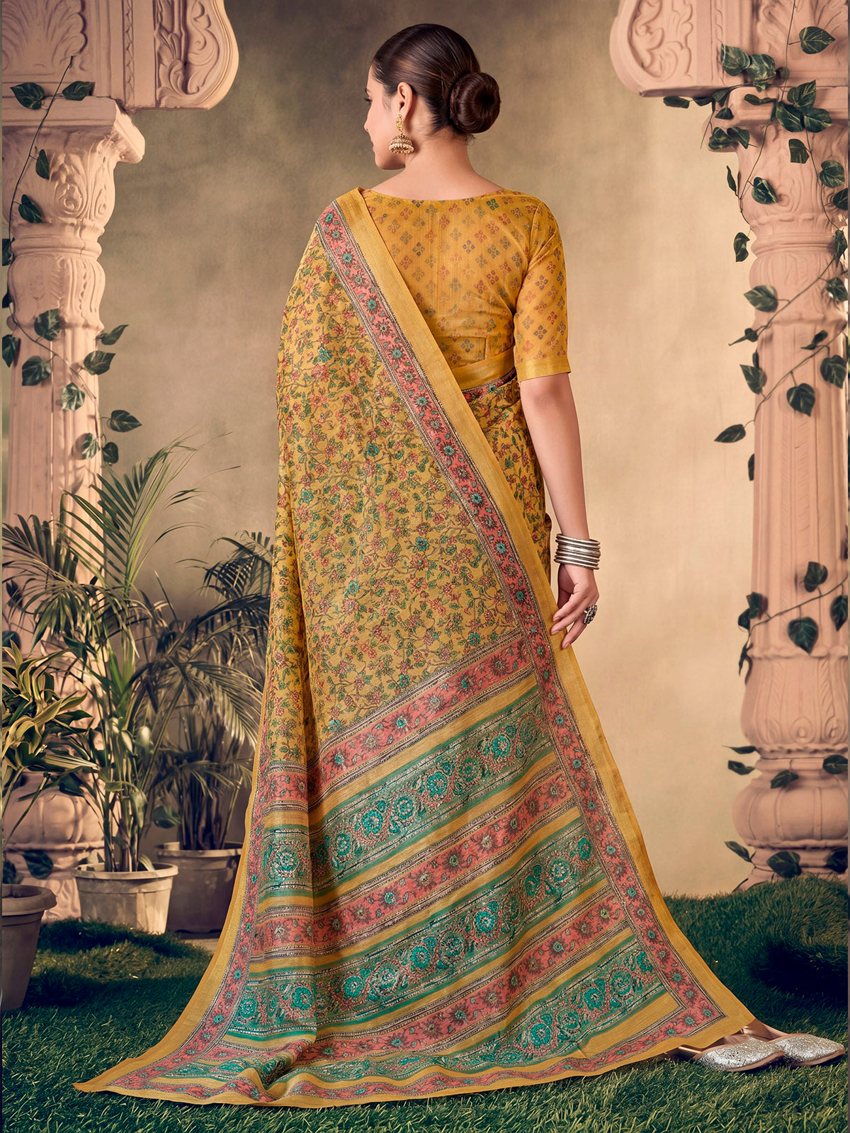 Amrapali - Yellow Chanderi Cotton Digital Printed Saree with Zari Border