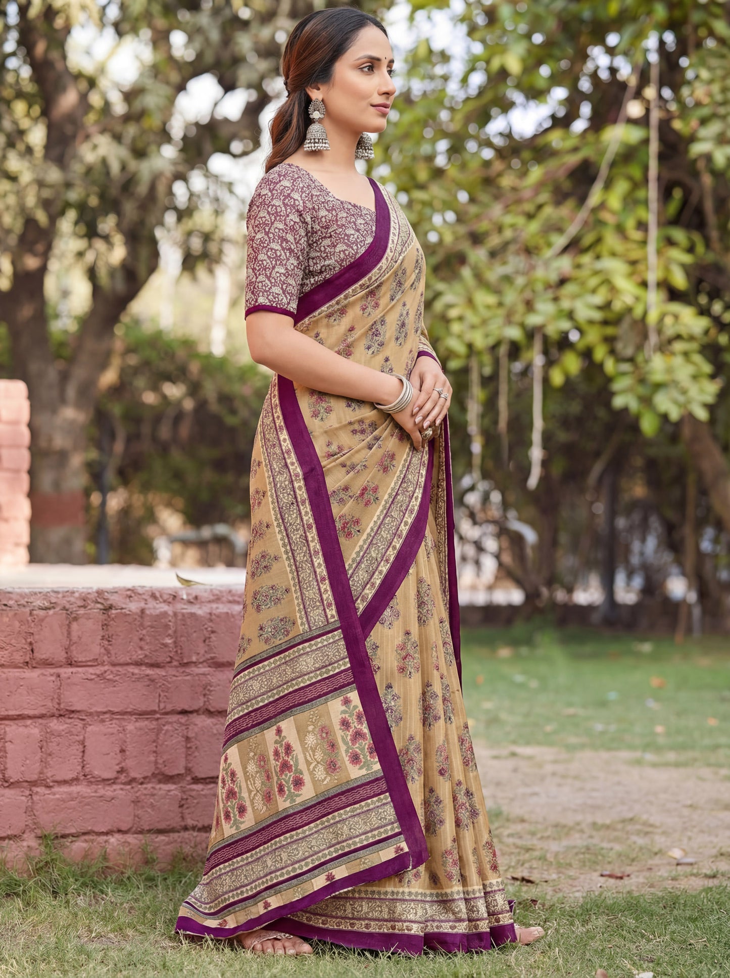 Rajkala - Beige Printed Crepe Silk Saree
