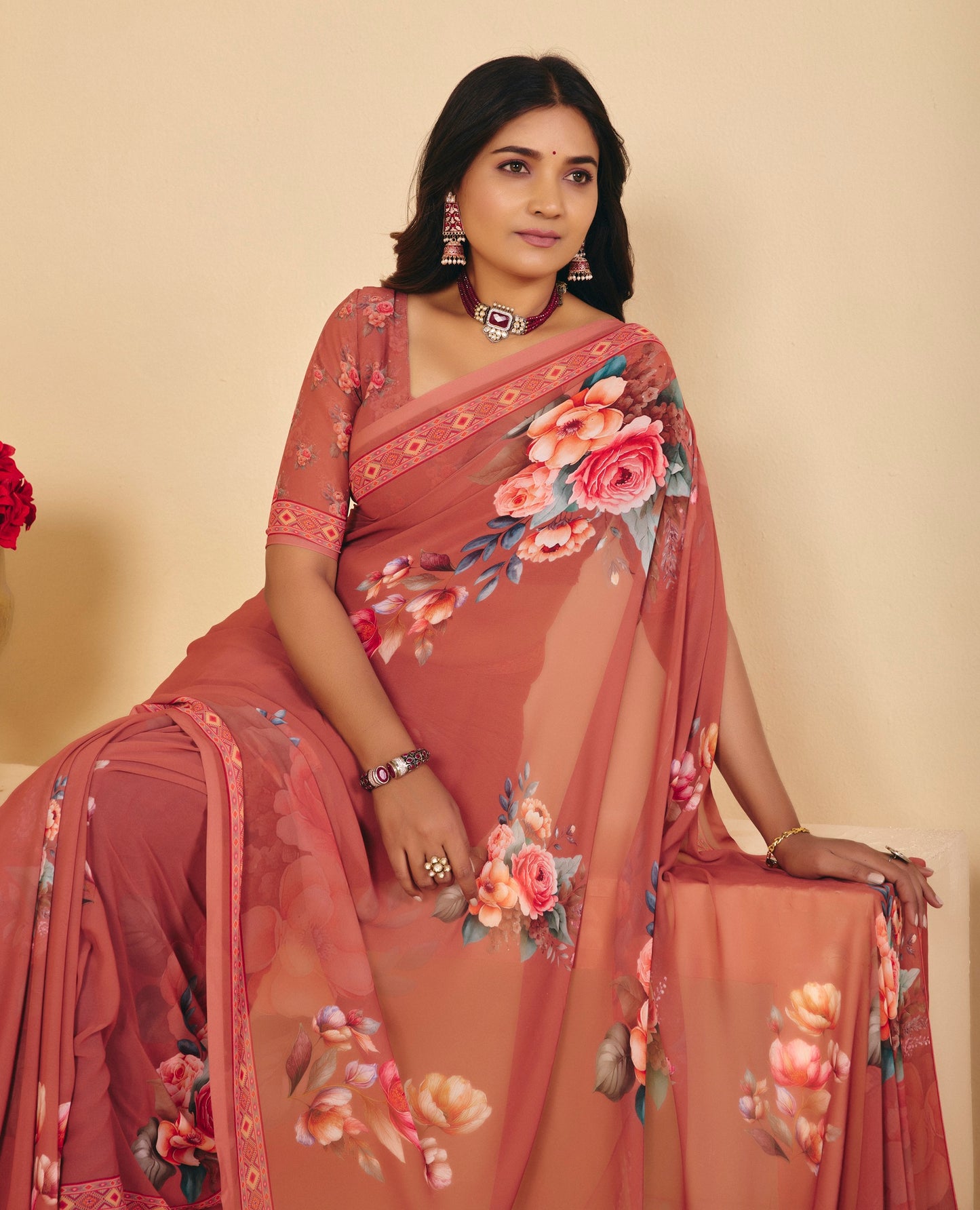 Twisha - Brown Georgette Digital Printed Saree