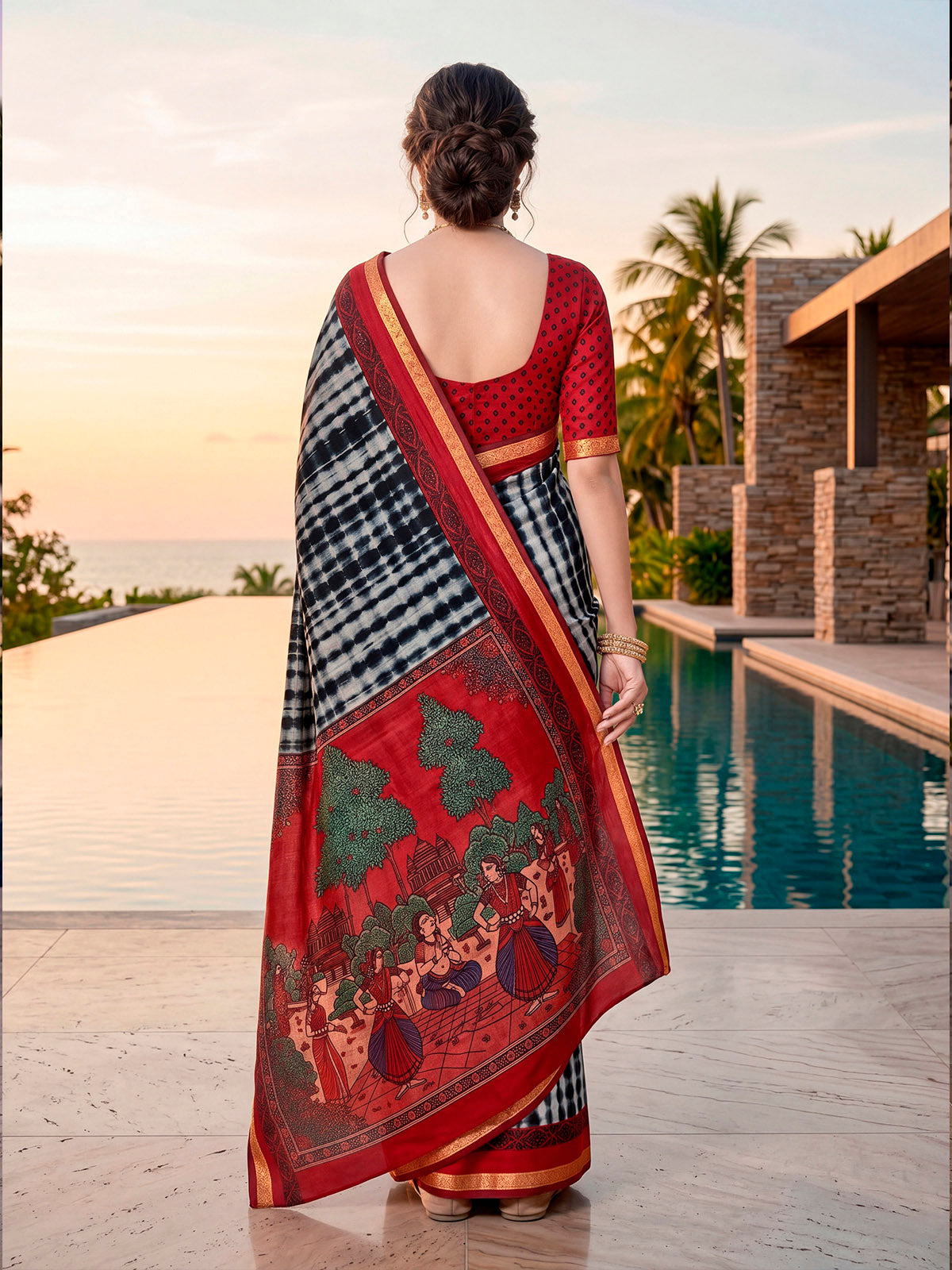 Monalisa - Black Printed Liva Cotton Silk Saree