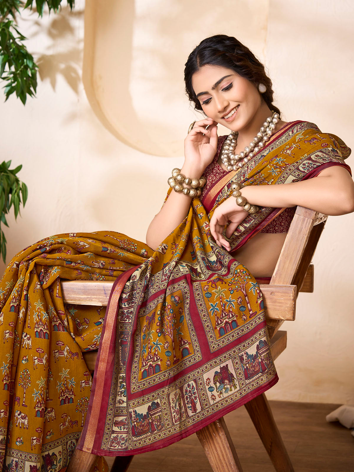 Monalisa - Yellow Chanderi Cotton Printed Saree with Classic Folk Art Print