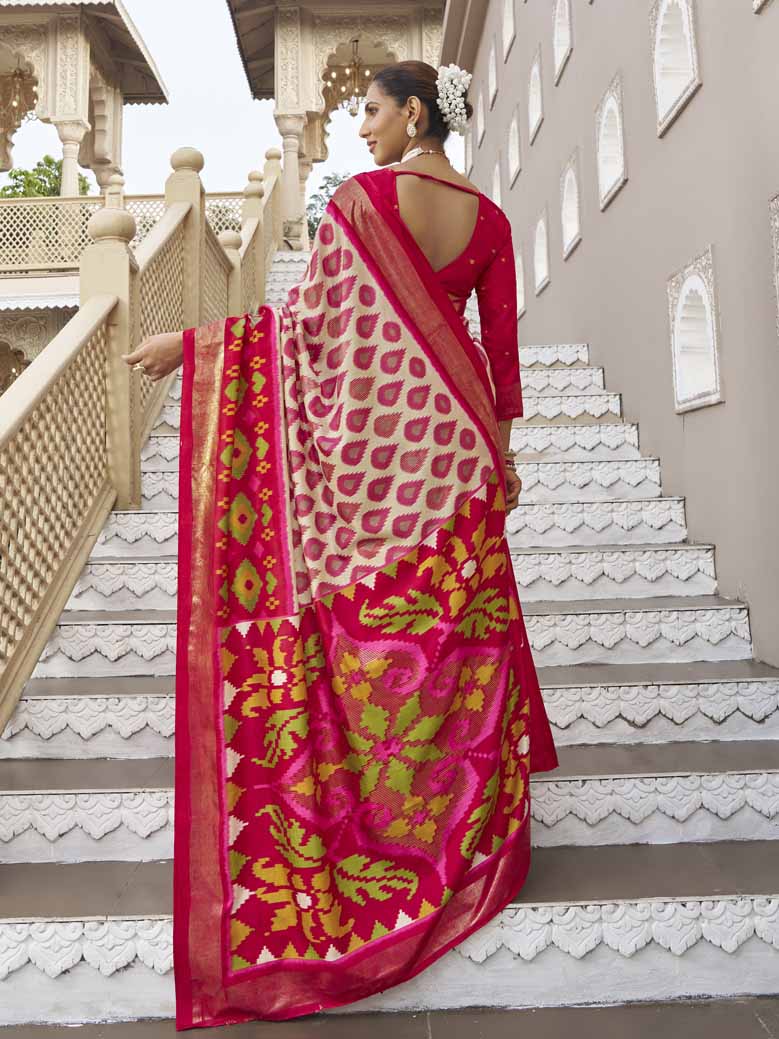 Gulmarg - Cream Silk Digital Printed Saree with Zari Border