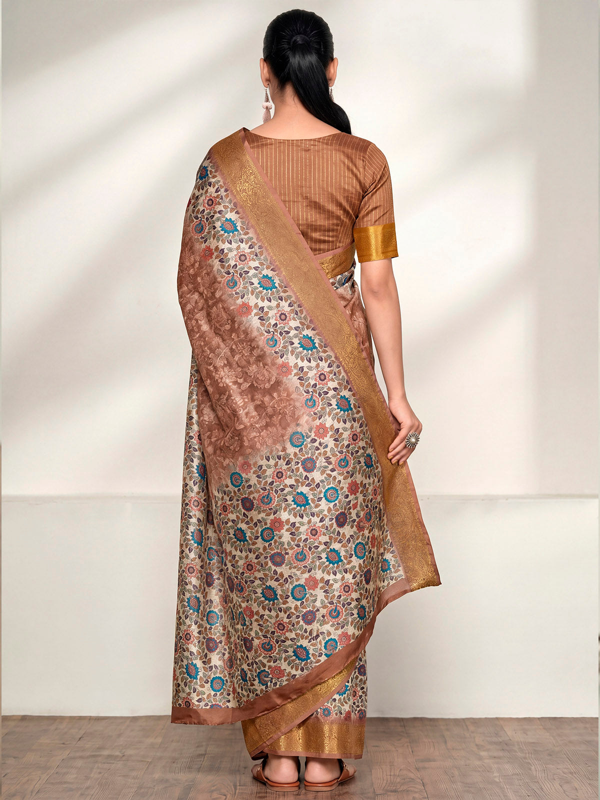 Varnika - Bronze Digital Printed Moss Georgette Saree with Woven Border