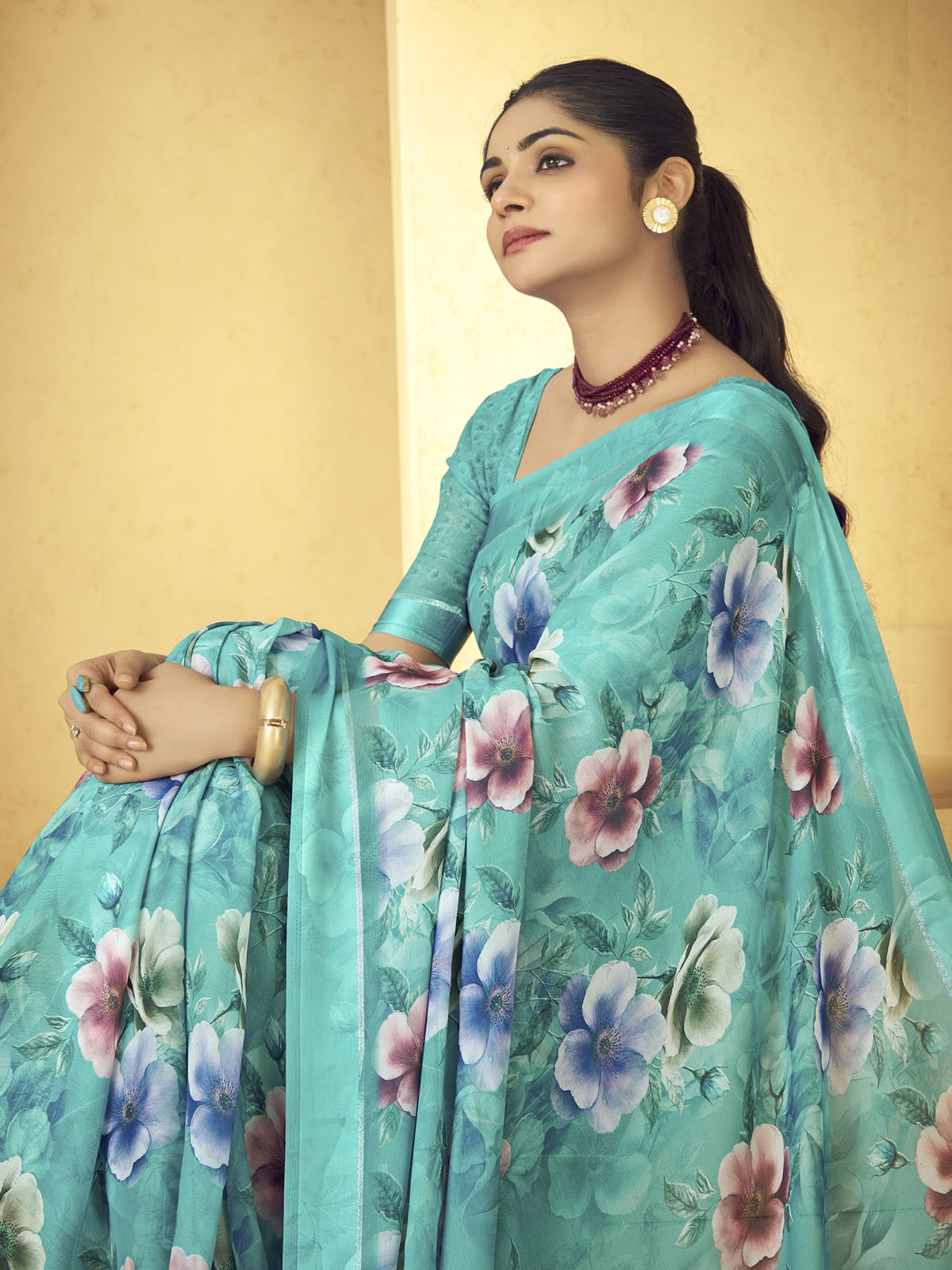 Samriddhi - Turquoise Moss Georgette Digital Print Saree with Satin Patta Border