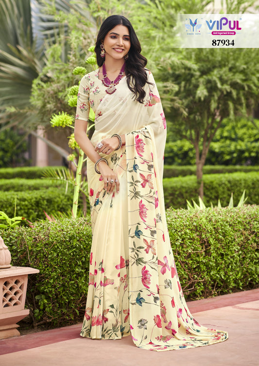 Twisha - Cream Georgette Floral Digital Printed Saree