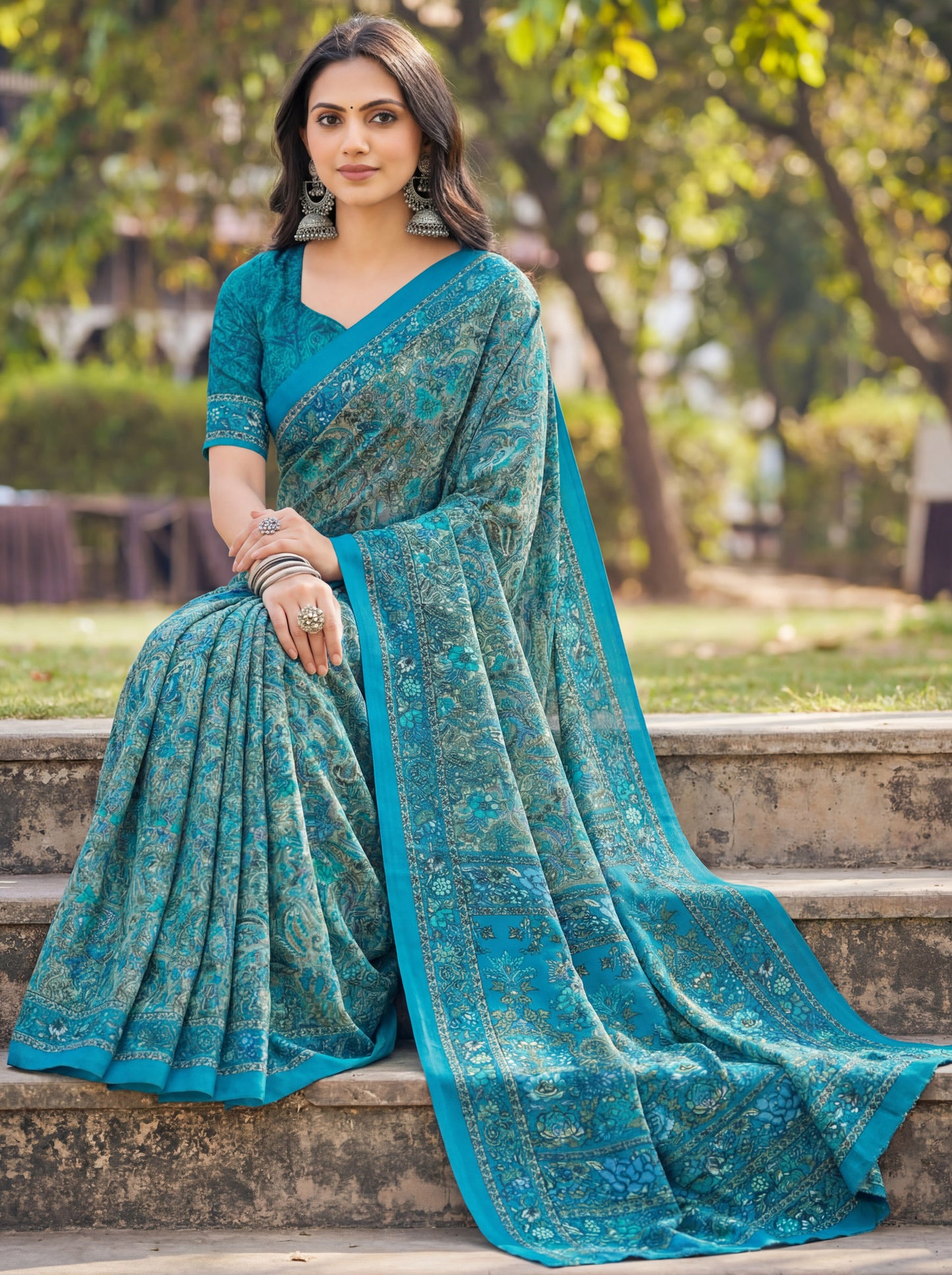 Rajkala - Sea Blue Printed Crepe Silk Saree