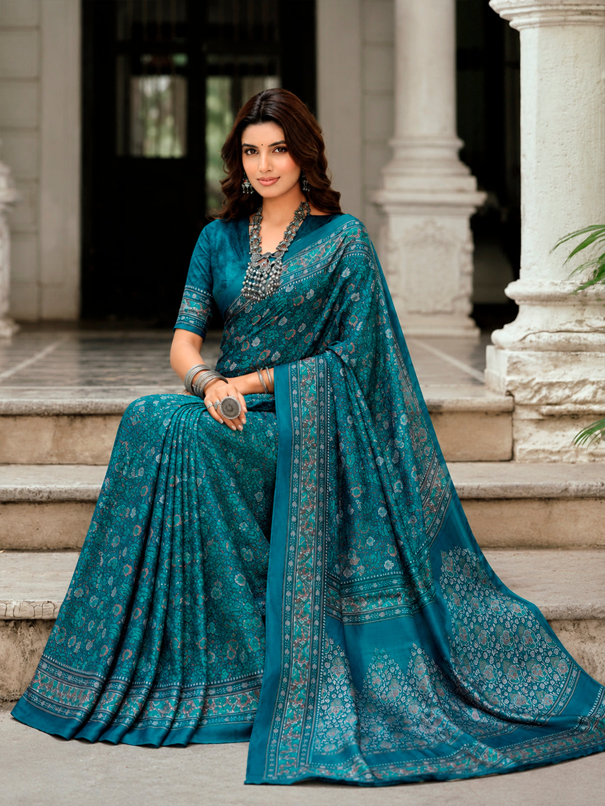 Rajkala - Blue Printed Crepe Silk Saree