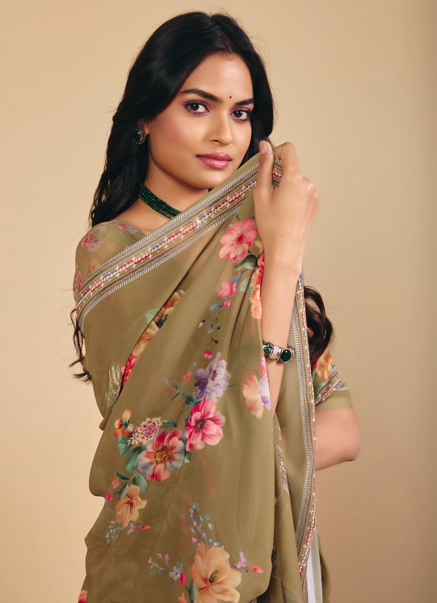 Twisha - Olive Green Georgette Digital Printed Saree