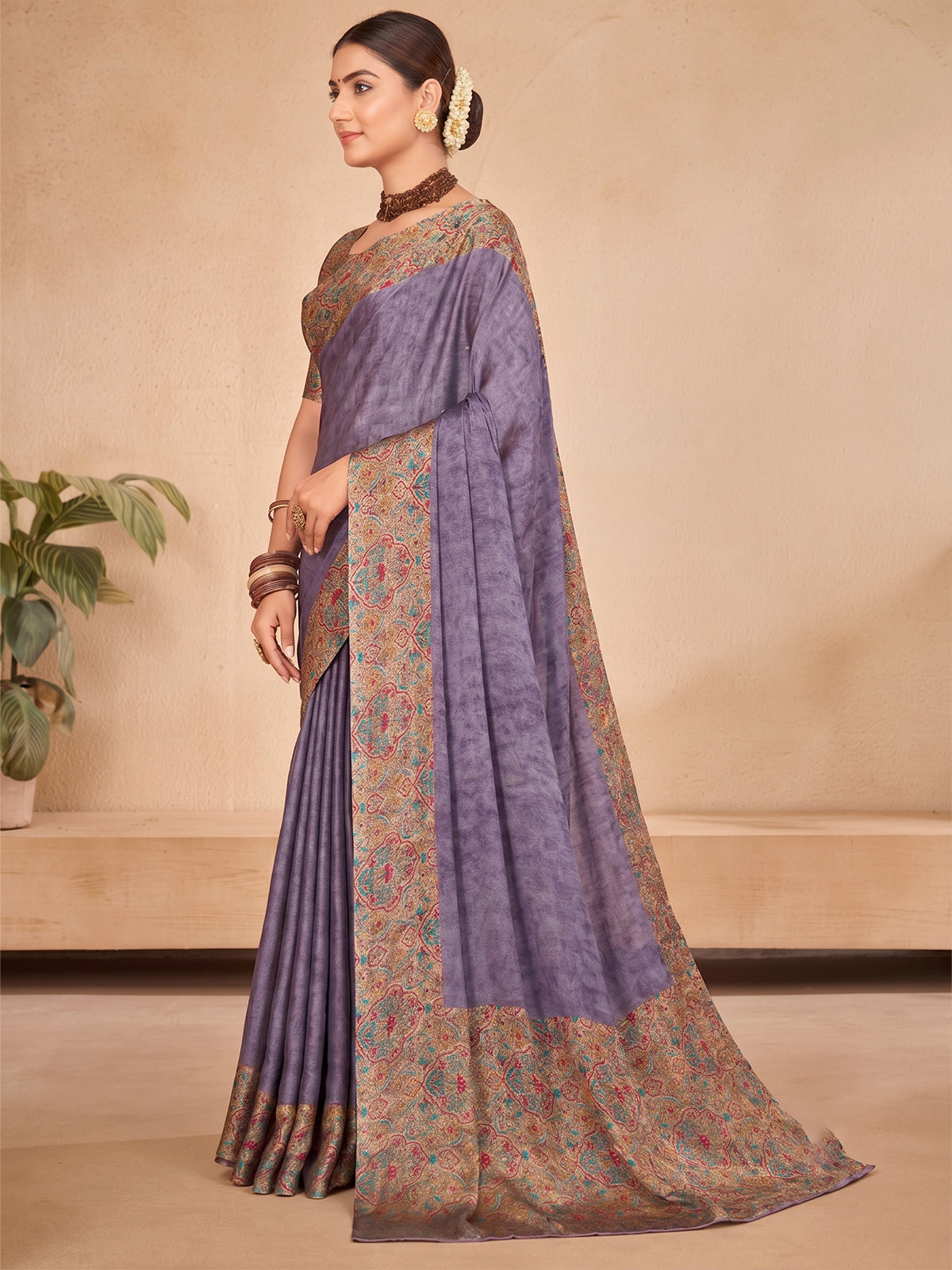 Ekvarna - Violet Printed Chiffon Saree