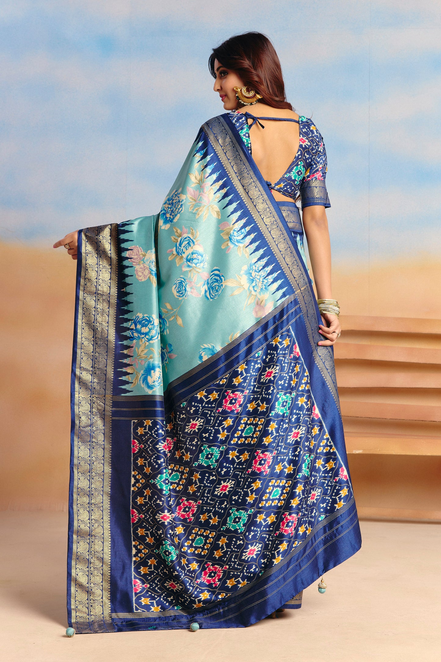 Rangrekha - Teal Floral Printed Soft Silk Saree