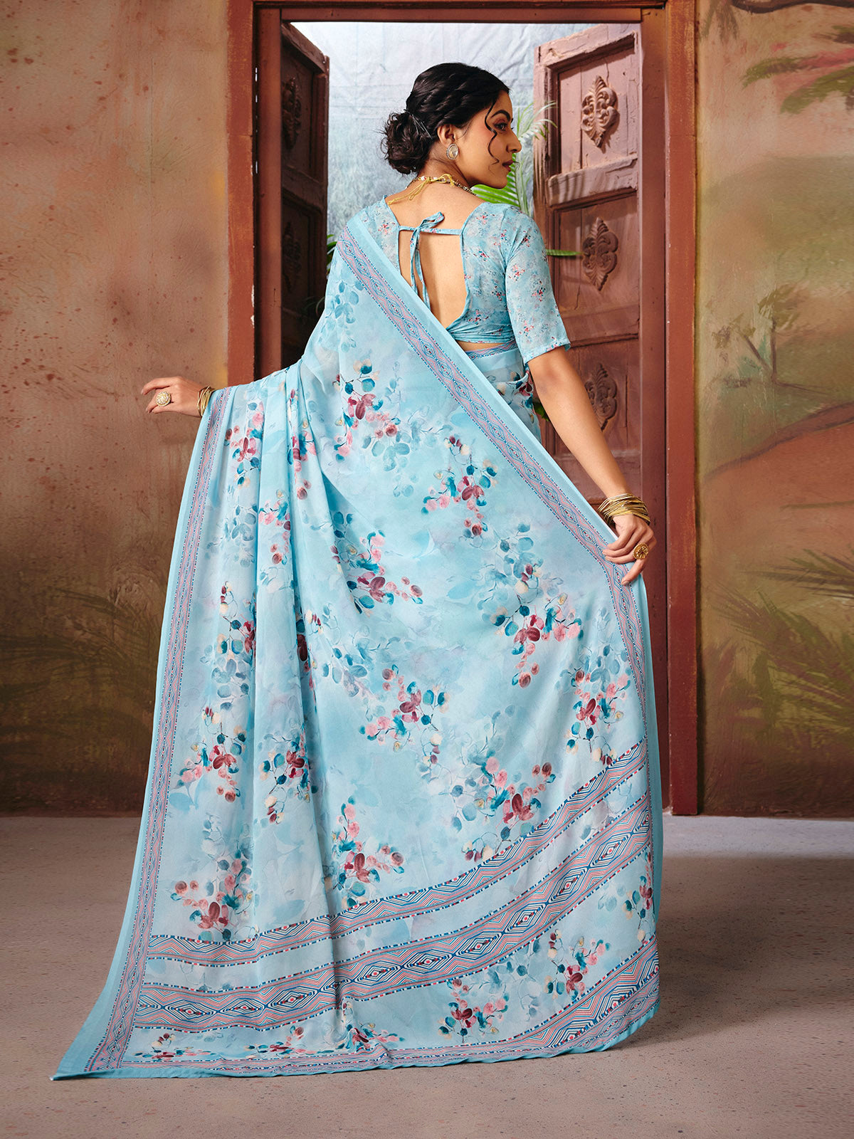 Riddhi - Sky Blue Georgette Floral Digital Printed Saree