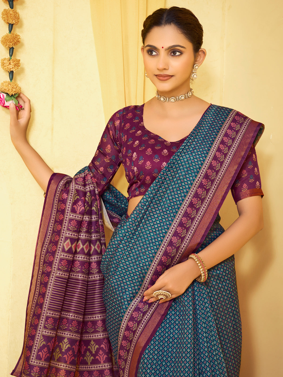 Amrapali - Blue Chanderi Cotton Digital Printed Saree with Zari Border