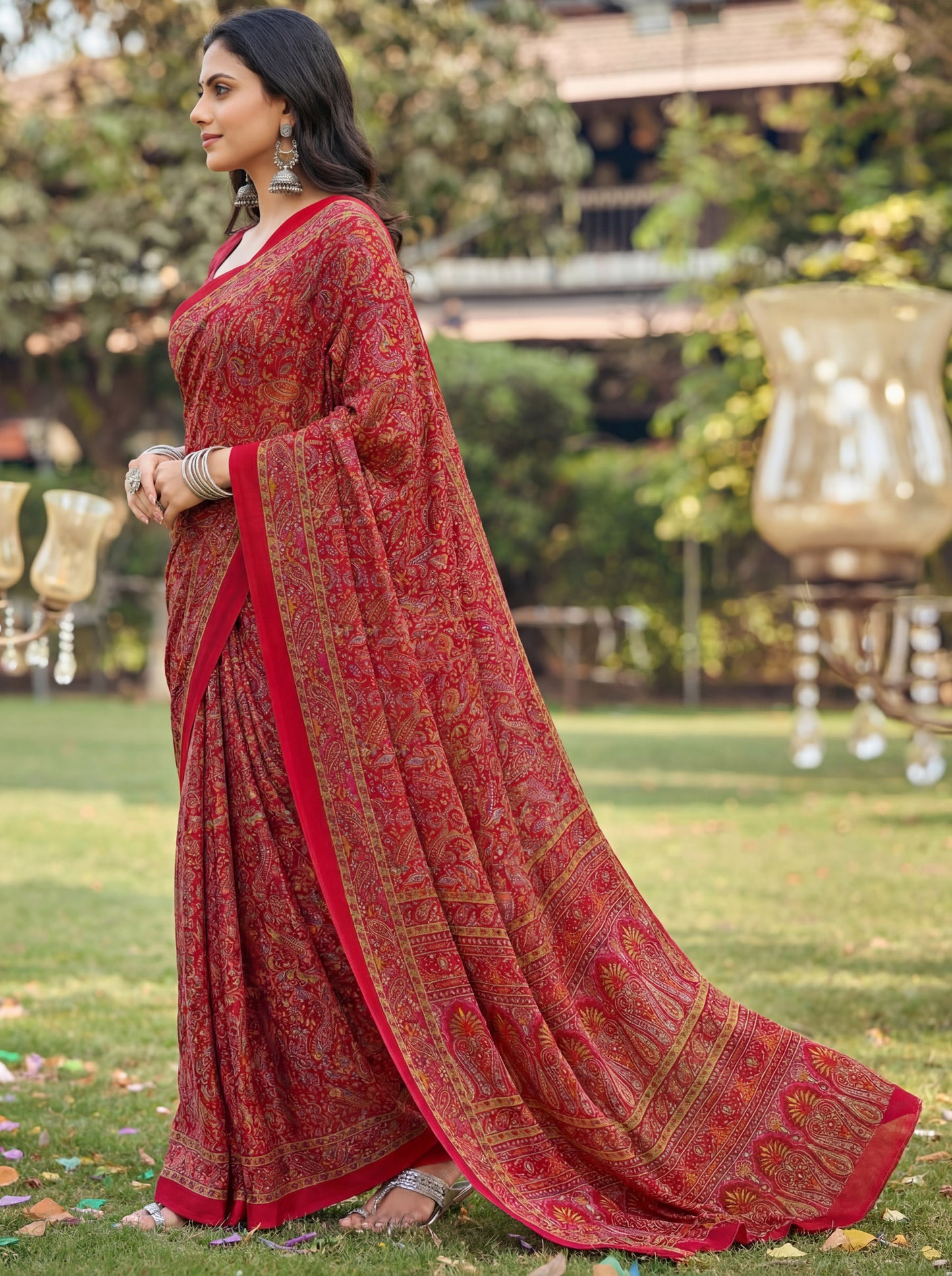Rajkala - Red Printed Crepe Silk Saree