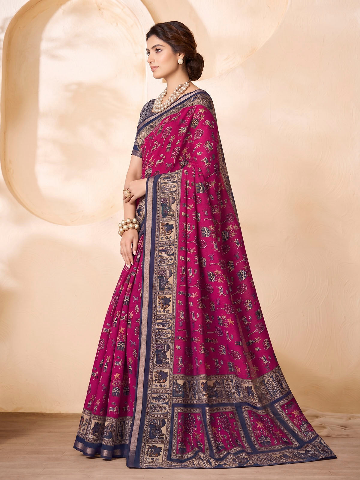 Monalisa - Pink Chanderi Cotton Printed Saree with Classic Folk Art Print