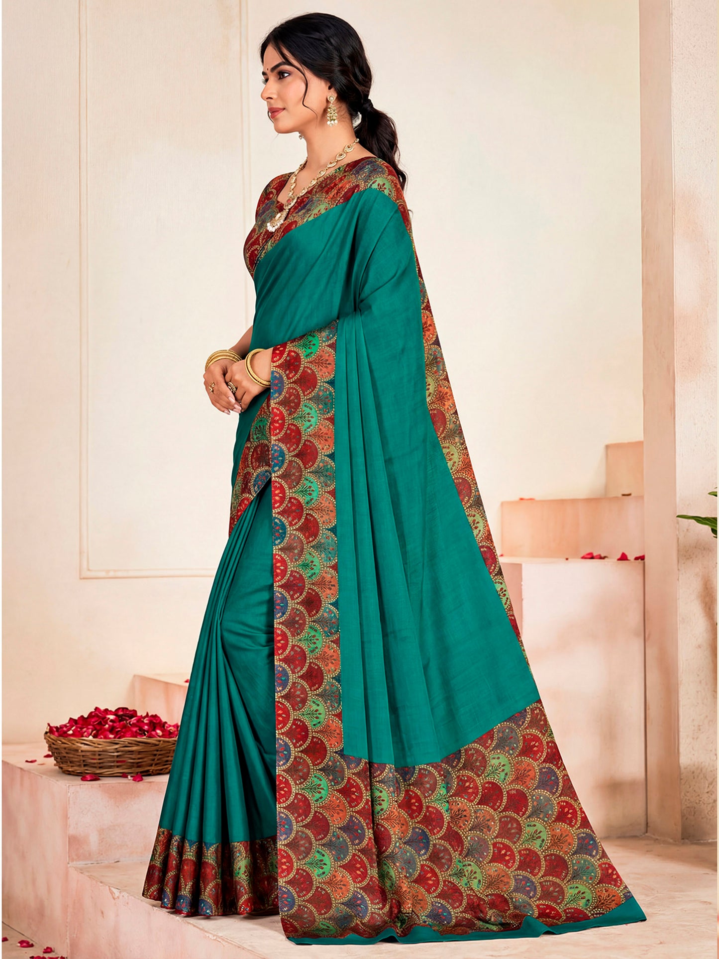 Ekvarna - Teal Printed Chiffon Saree