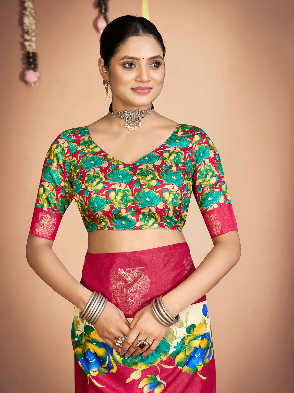 Rajkumari - Red Printed Soft Silk Saree with Silk Foil Work