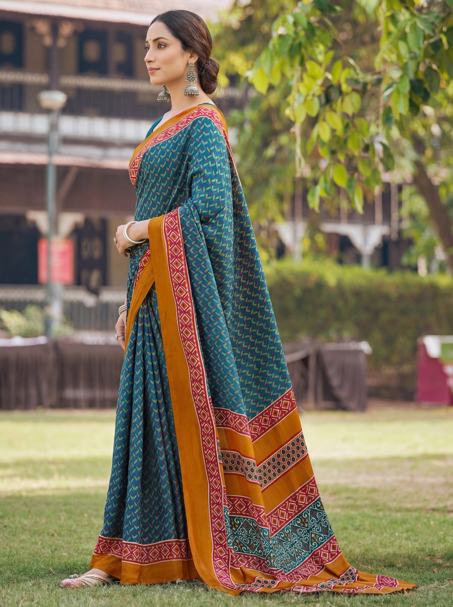 Rajkala - Aqua Blue Printed Crepe Silk Saree