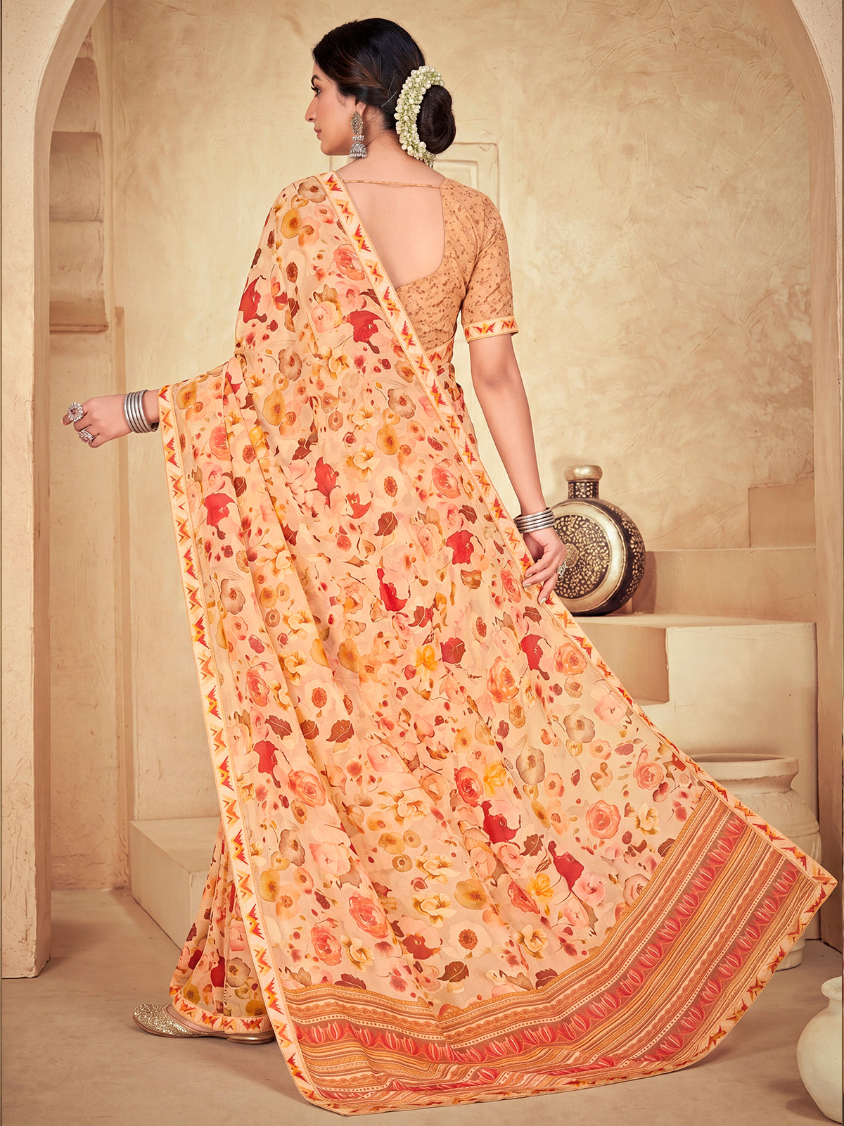 Sumedha - Beige Digital Printed Georgette Saree
