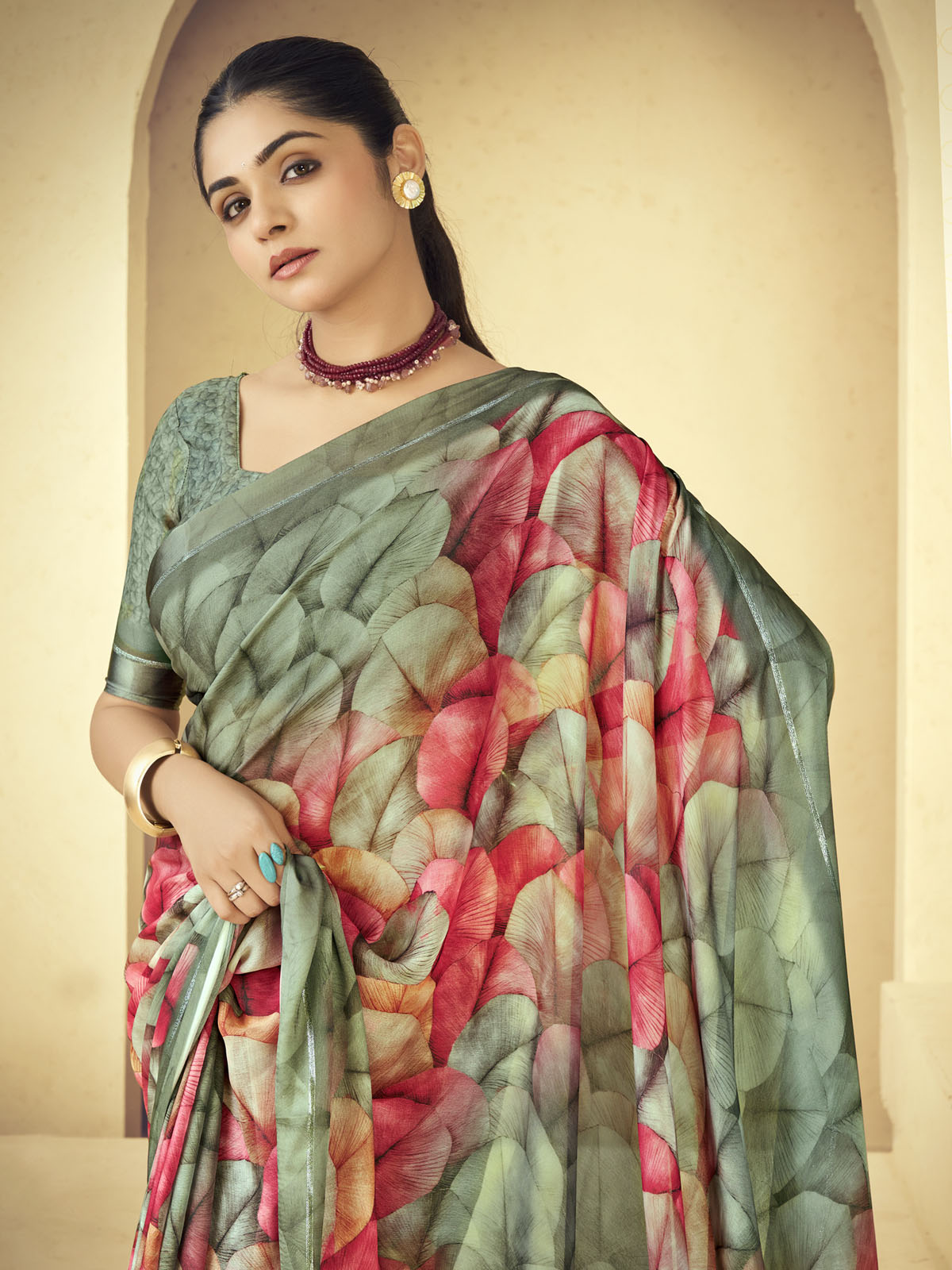 Samriddhi - Olive Green Moss Georgette Digital Print Saree with Satin Patta Border