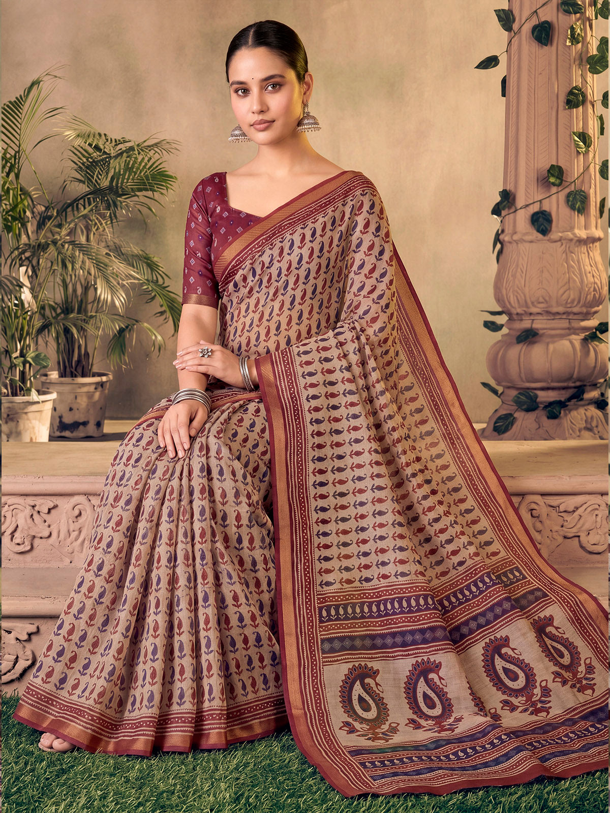 Amrapali - Beige Chanderi Cotton Digital Printed Saree with Zari Border