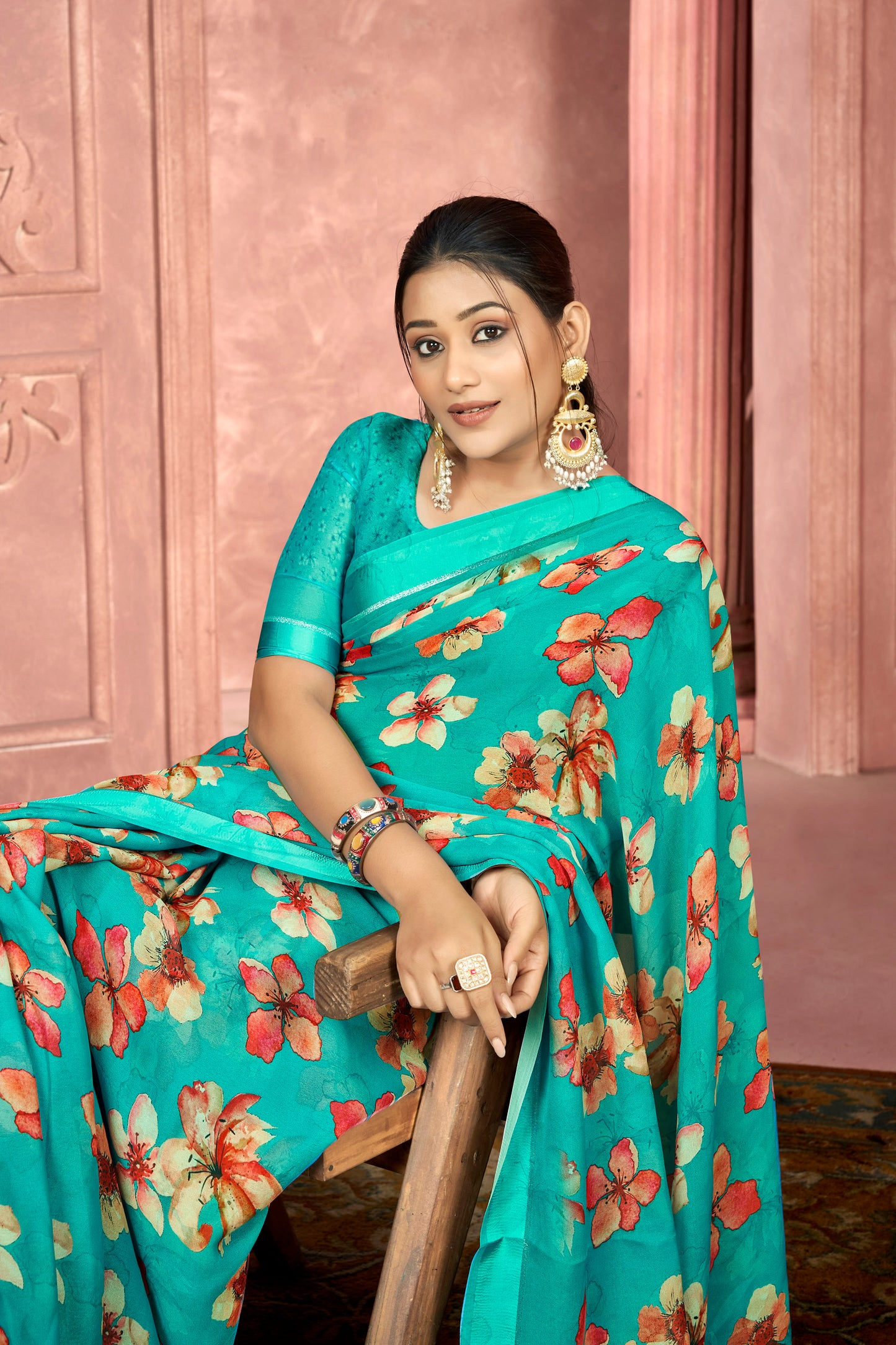 Samriddhi – Turquoise Moss Georgette Digital Print Saree with Satin Patta Border