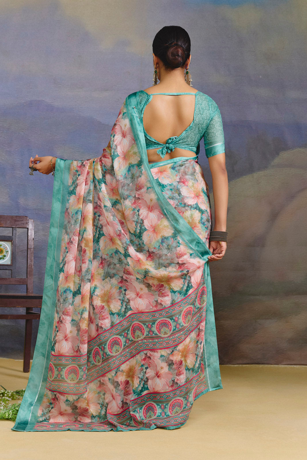 Samriddhi - Turquoise Moss Georgette Digital Print Saree with Satin Patta Border