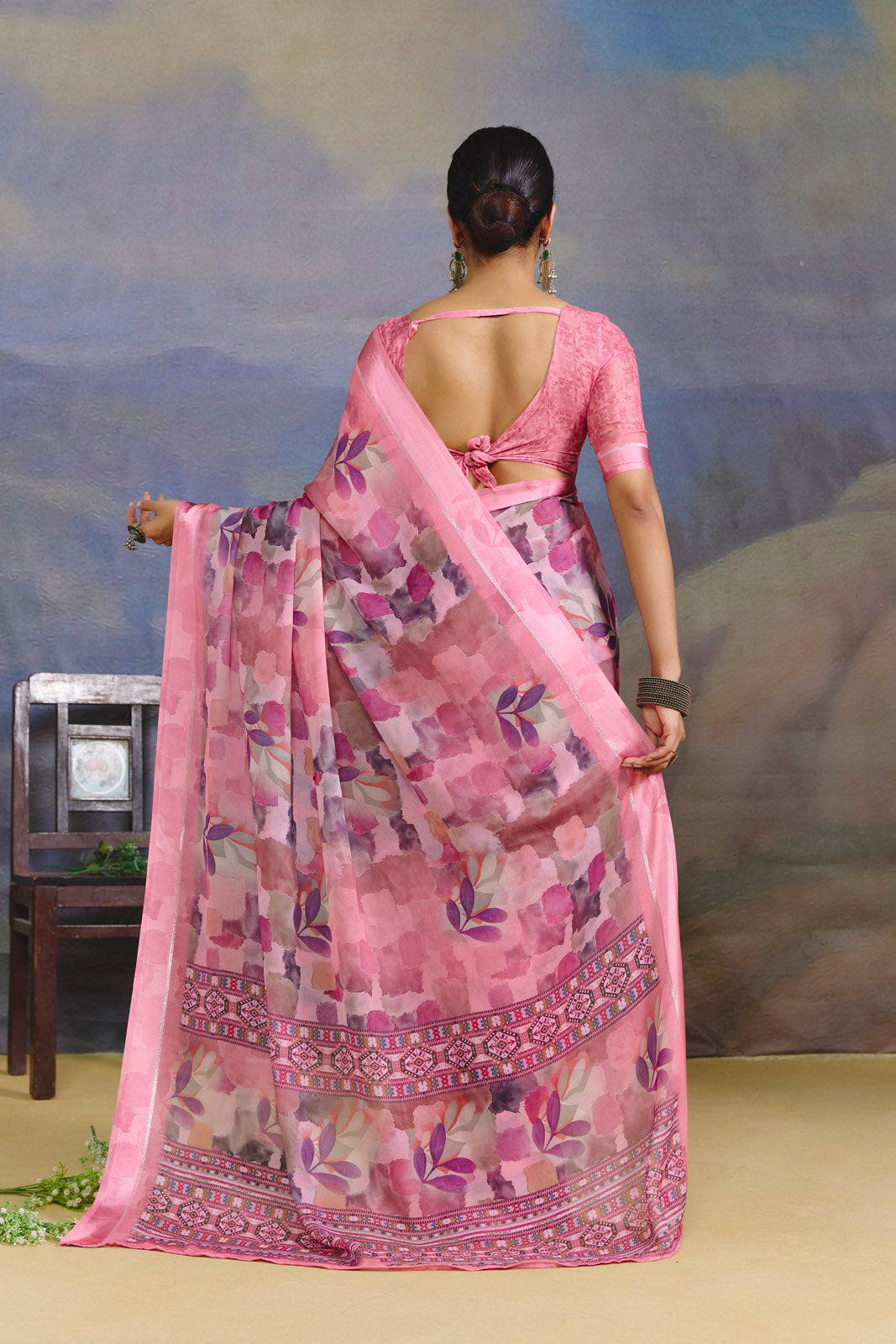 Samriddhi - Mauve Moss Georgette Digital Print Saree with Satin Patta Border