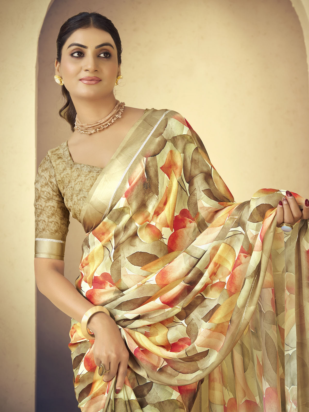 Samriddhi - Lime Green Moss Georgette Digital Print Saree with Satin Patta Border