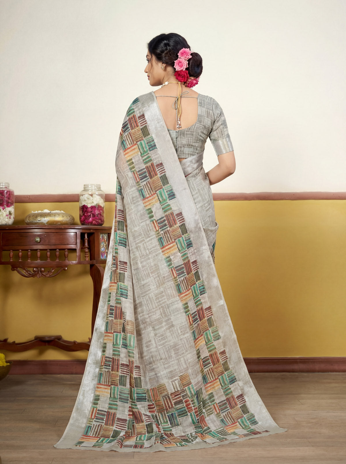 Rachna - Grey Linen Digital Print Saree with Woven Border
