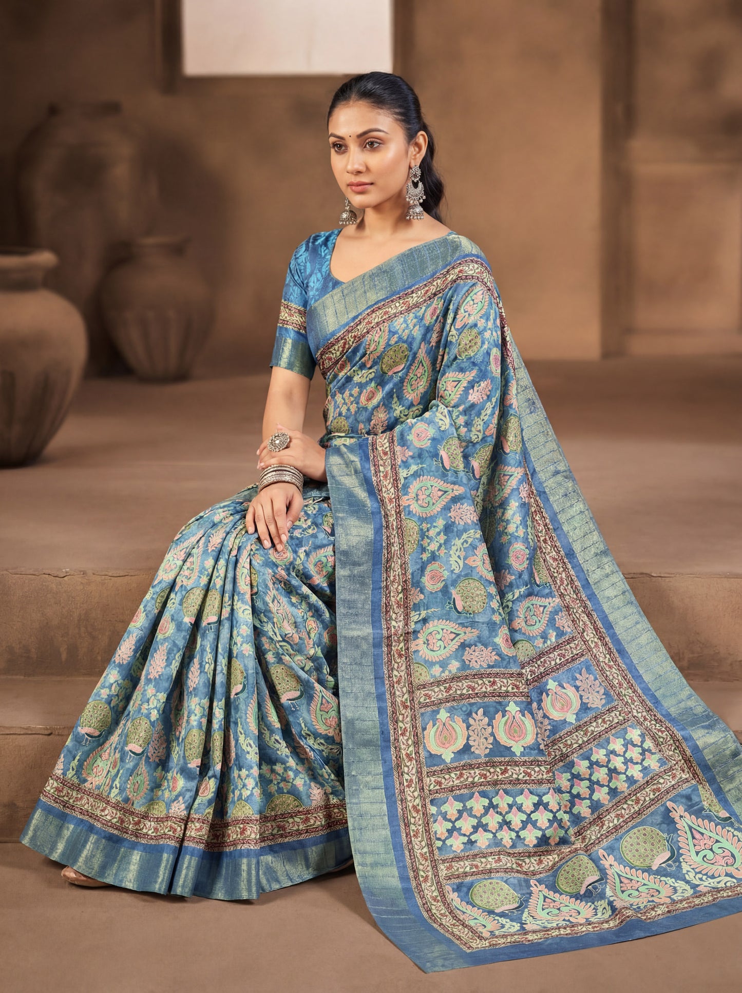 Devsena – Blue Silk Digital Print Saree