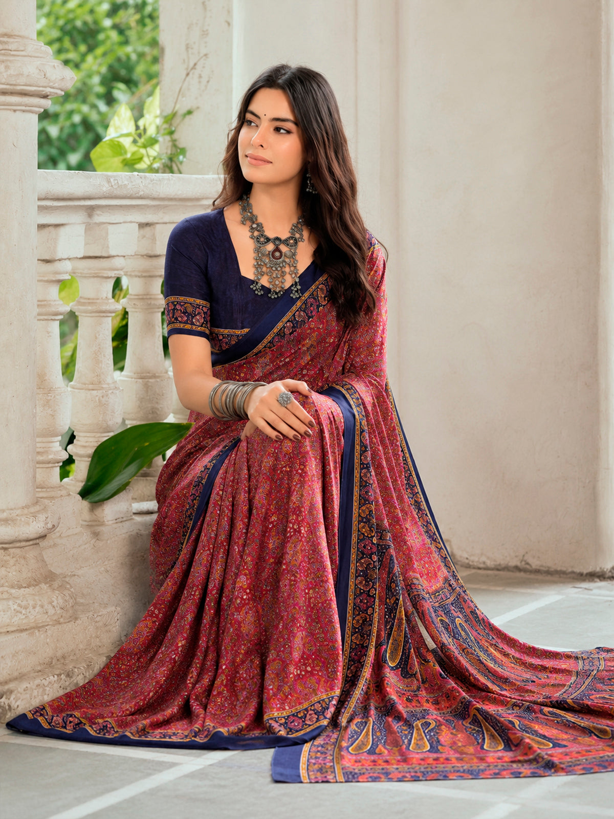 Rajkala - Maroon Printed Crepe Silk Saree