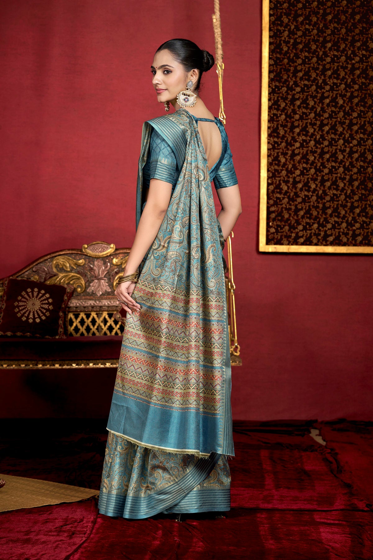 Veera - Blue Soft Silk Digital Printed Saree with Woven Border
