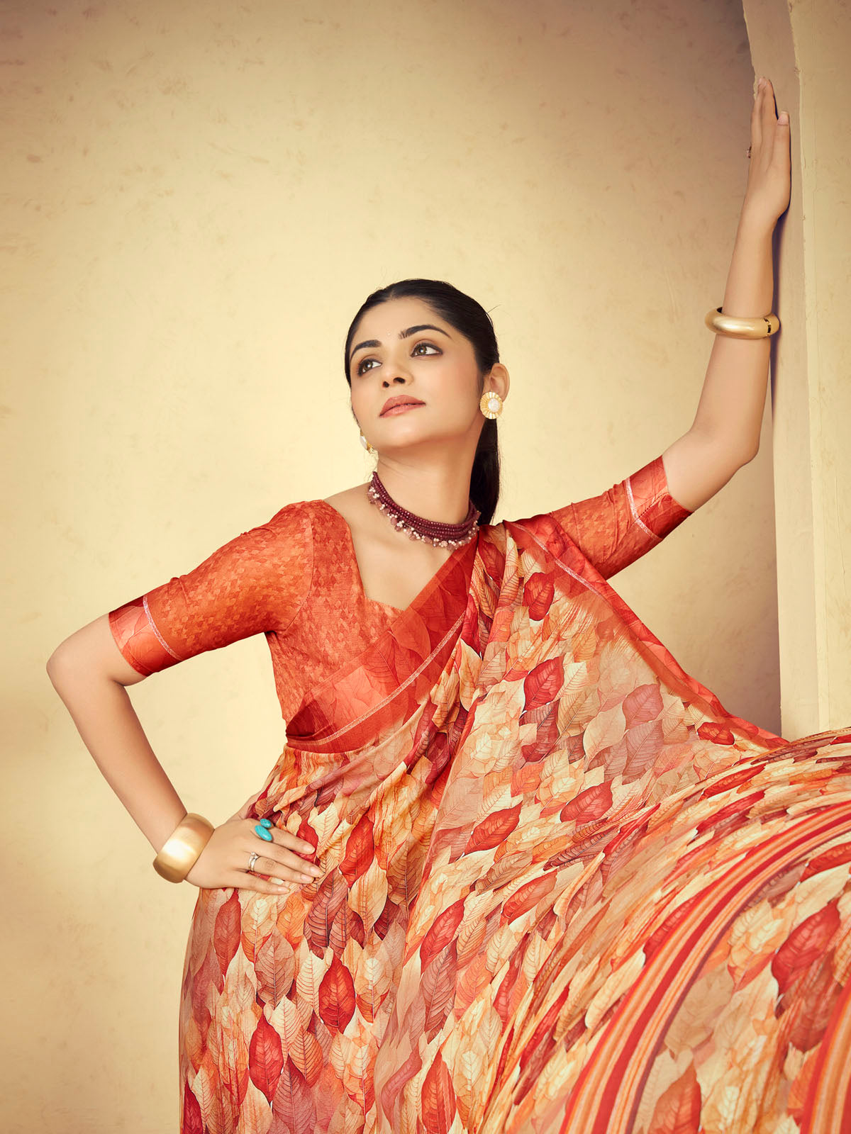 Samriddhi - Orange Moss Georgette Digital Print Saree with Satin Patta Border
