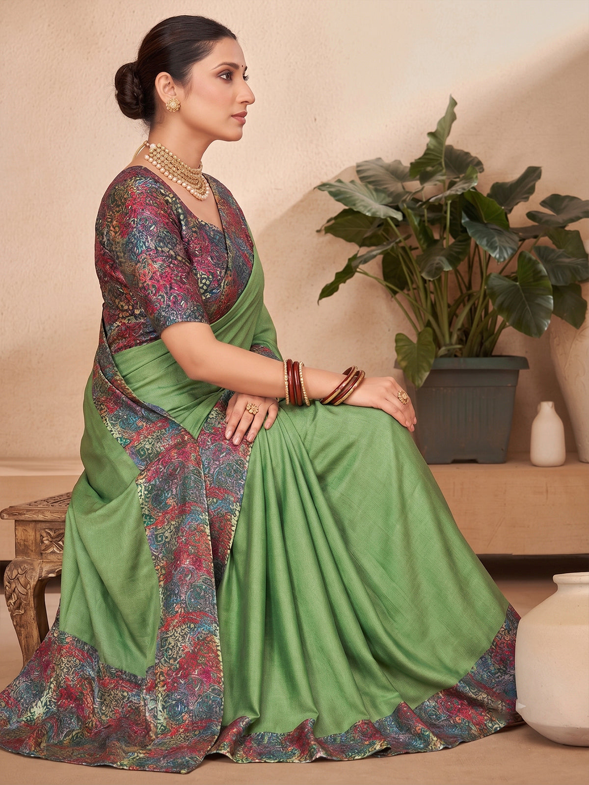 Ekvarna - Green Printed Chiffon Saree