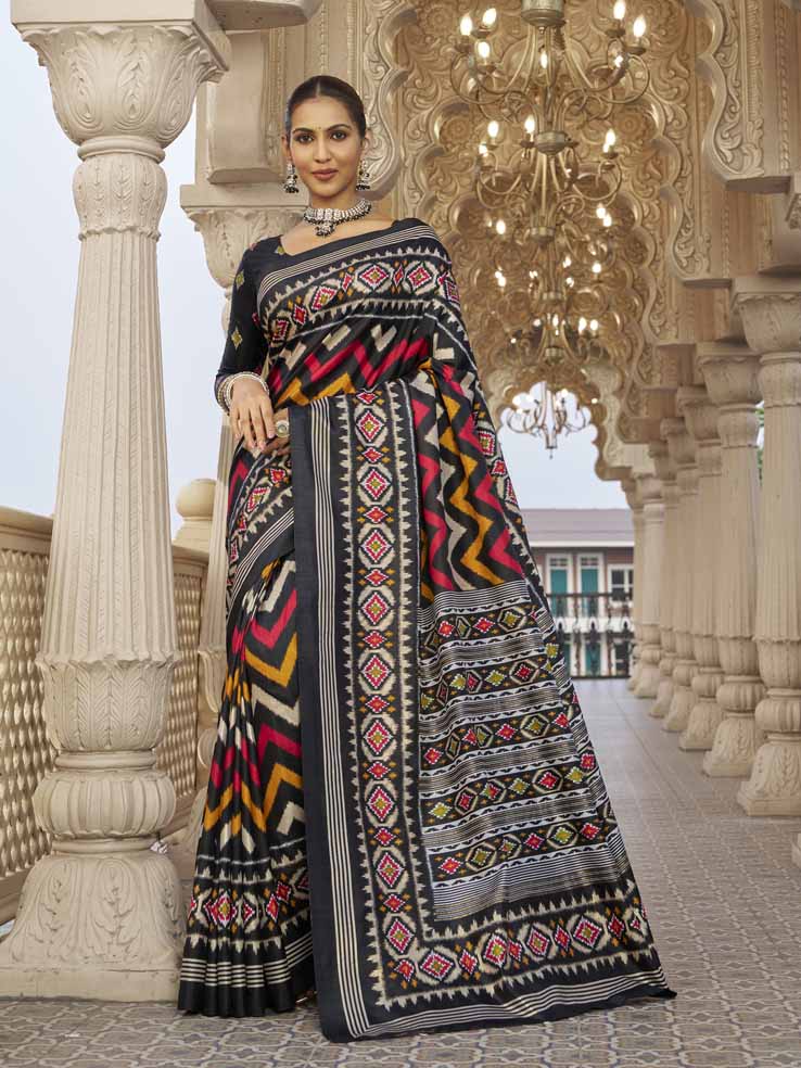 Gulmarg - Black Silk Digital Printed Saree with Zari Border