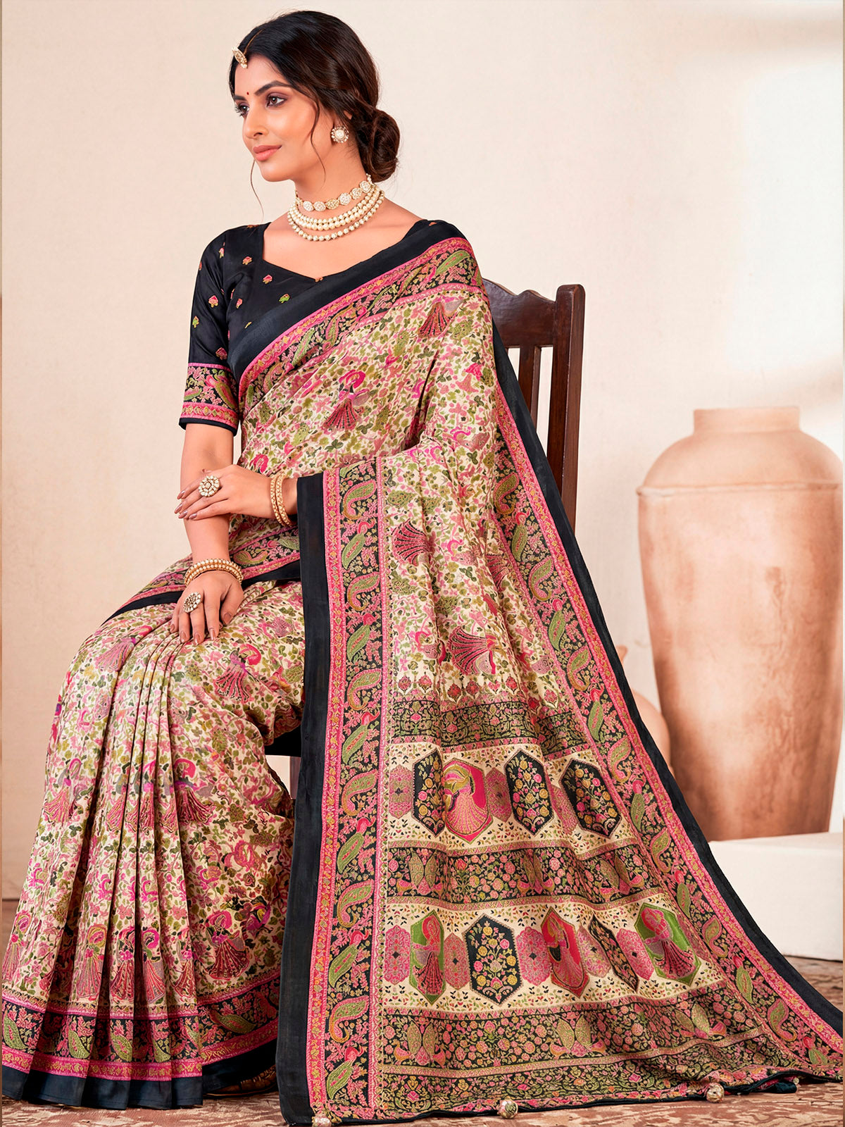Kumuda - Black Mysore Silk Jari Printed with Tessals