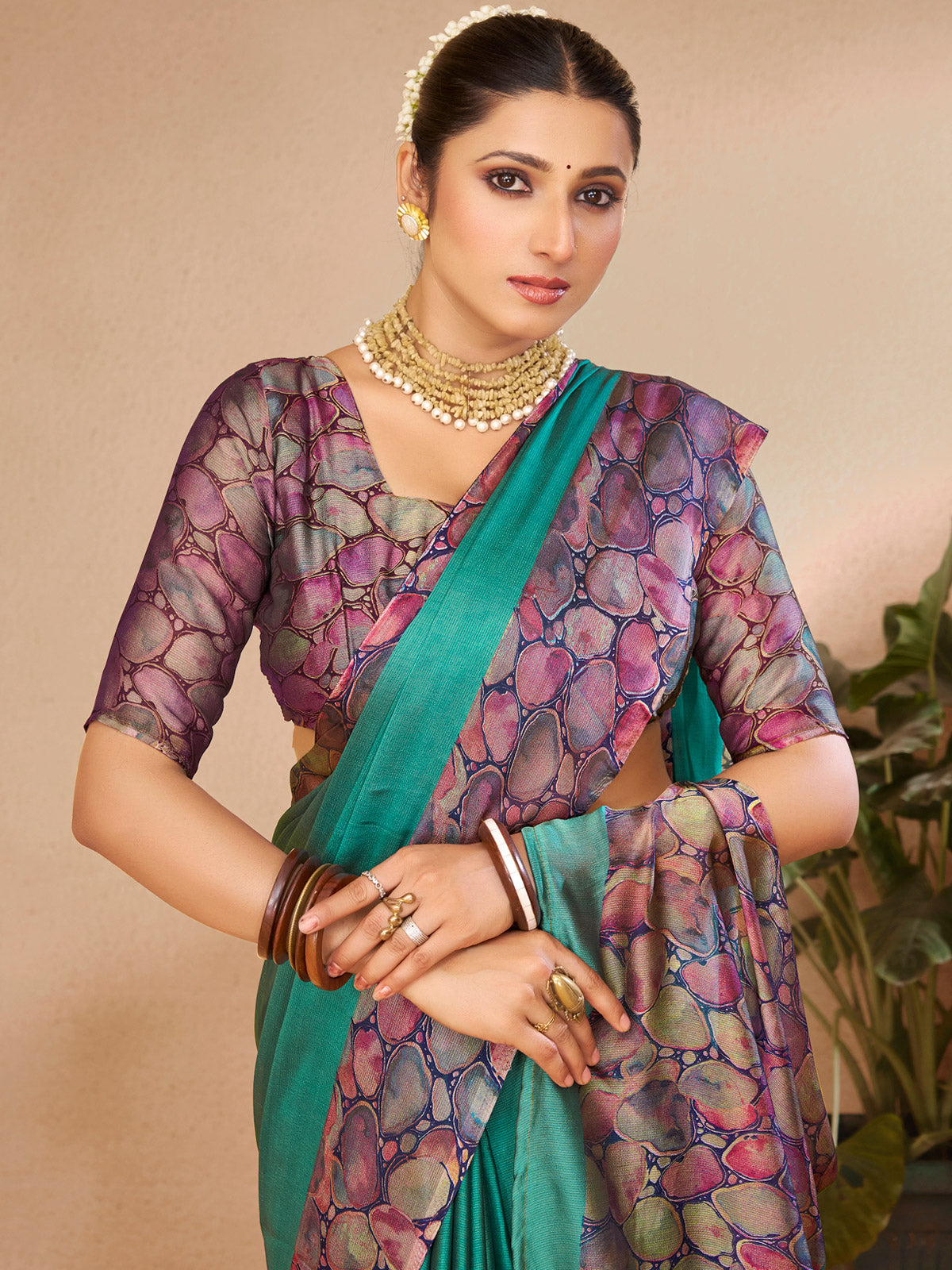 Ekvarna - Turquoise Printed Chiffon Saree
